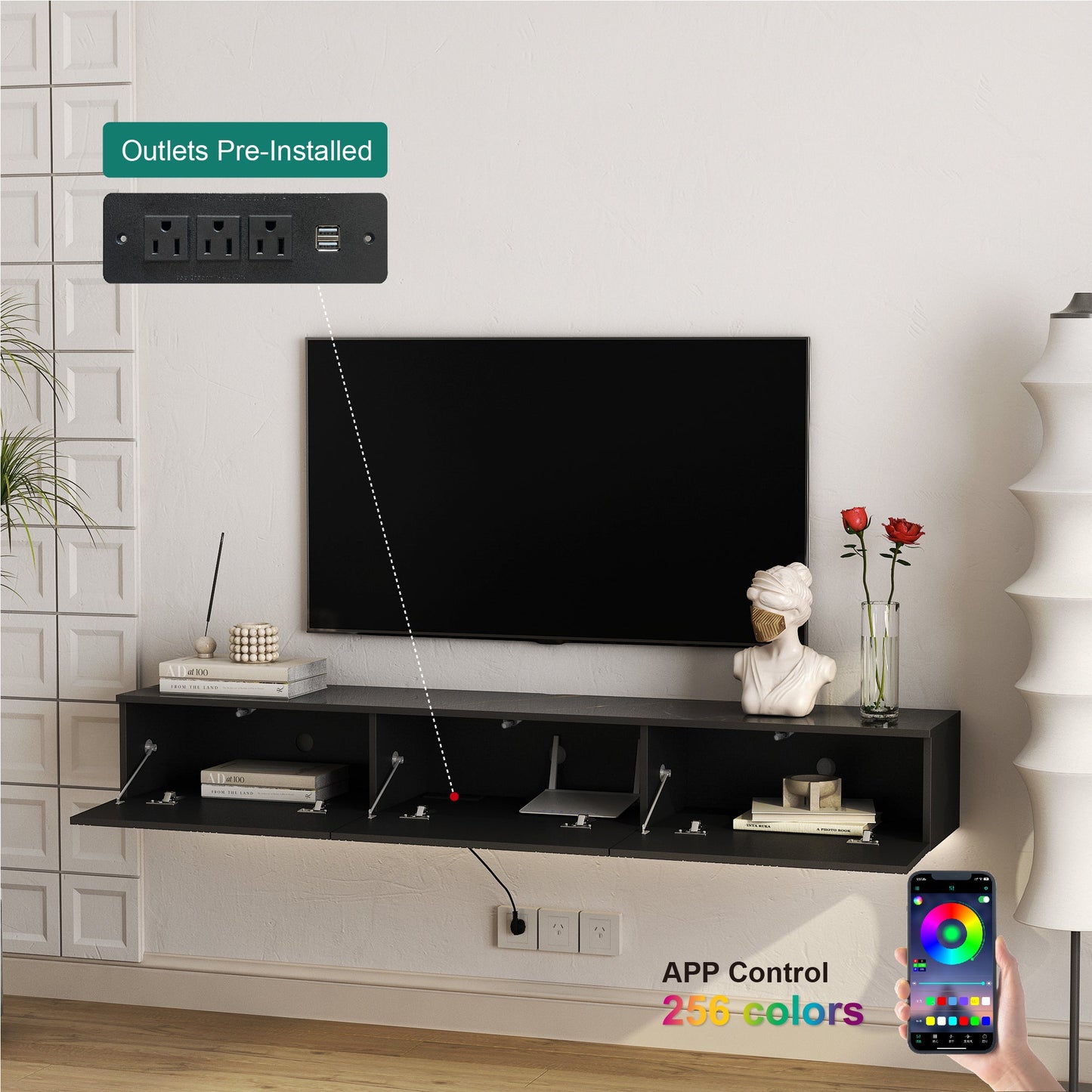 Floating TV Stand Wall Mounted with 16 Color LEDs,67' Modern TV Stand, Floating TV Cabinet Entertainment Center for 55 60 65 Inch TV,Black