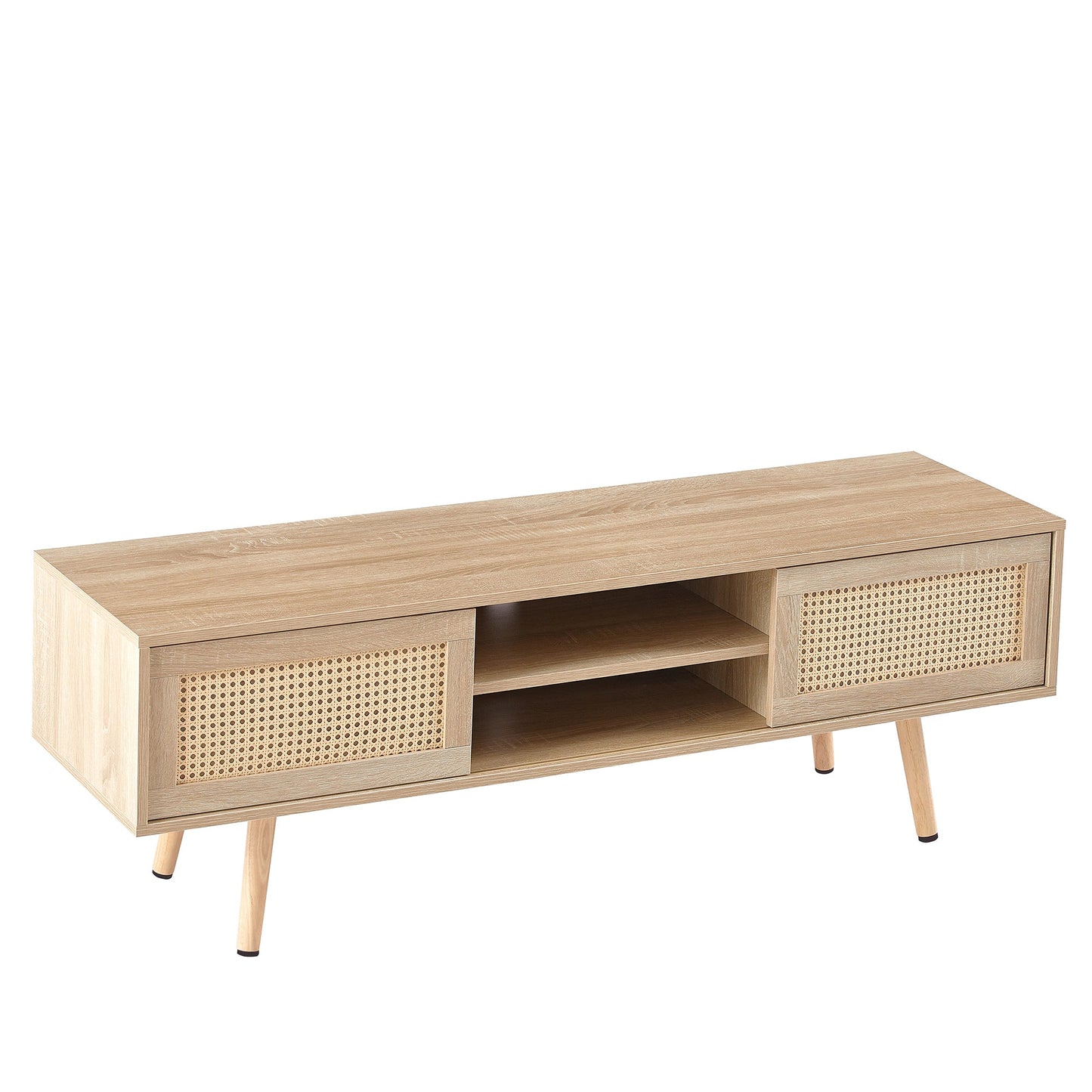 Natural Rattan TV Cabinet with Double Sliding Doors, Adjustable Shelf, Solid Wood Legs, 55.12 Inches