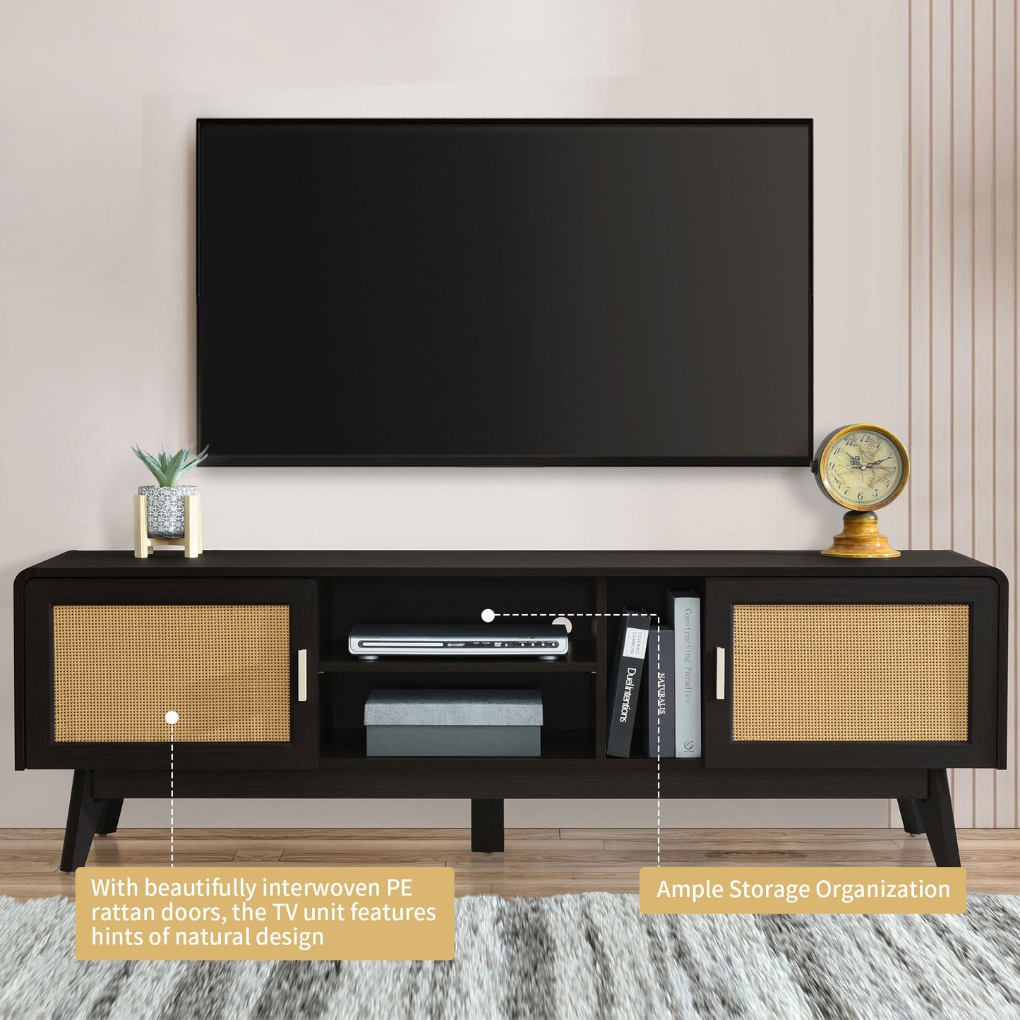 63'' Dark Rattan TV Stand with 2 Storage Cabinets for 65 Inch TV, Entertainment Center with Solid Wood Legs, Media Console Table for Living Room, Bedroom