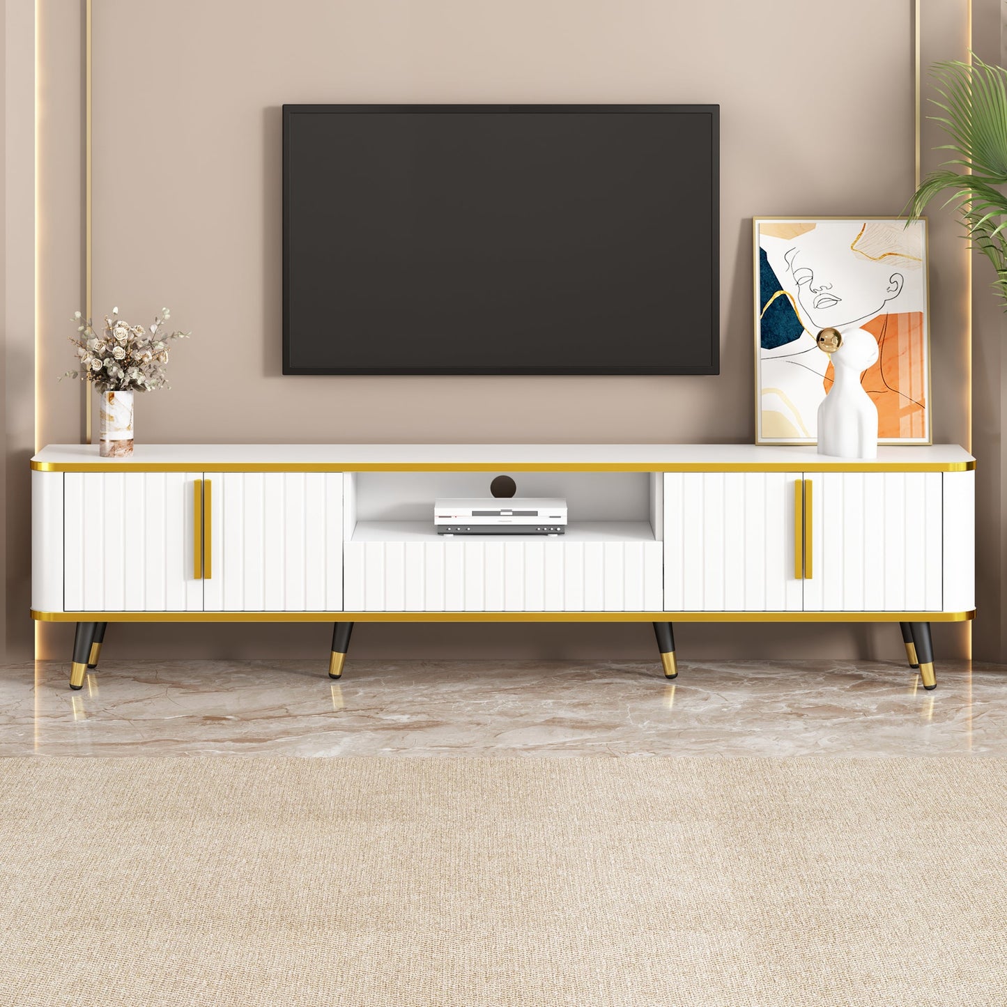 ON-TREND Luxury Minimalism TV Stand with Open Storage Shelf for TVs Up to 85', Entertainment Center with Cabinets and Drawers, Practical Media Console with Unique Legs for Living Room, White