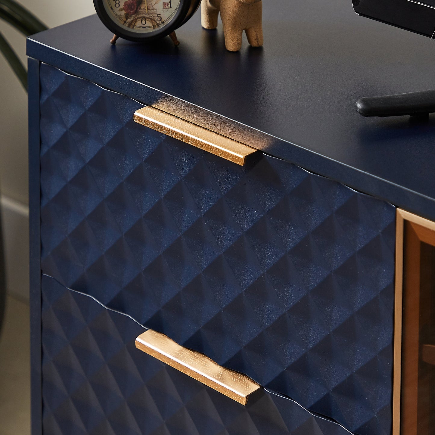 Deluxe Sculpted Modern Fashion Geometric Style TV Stand, Aluminum Frame Tempered Glass Door 4 Drawer Chest with Adjustable Metal Feet ,Dark Blue,59.9'L x 15.7'W x 21.7'H