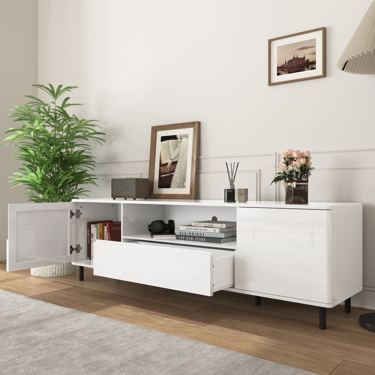 High Gloss Panel Modern TV Console, TV Stand, Entertainment Center with Storage Shelves,TV Cabinet for Living Room, Bedroom, Cloud White 63x15.74x19.68 inch