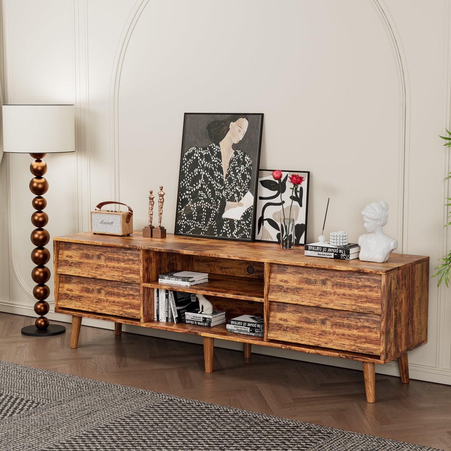 63 Inch TV Stand Features Vintage-style and Bevel Design, TV Stand with Drawers, Entertainment Center for Living Room Bedroom, TV Media Console