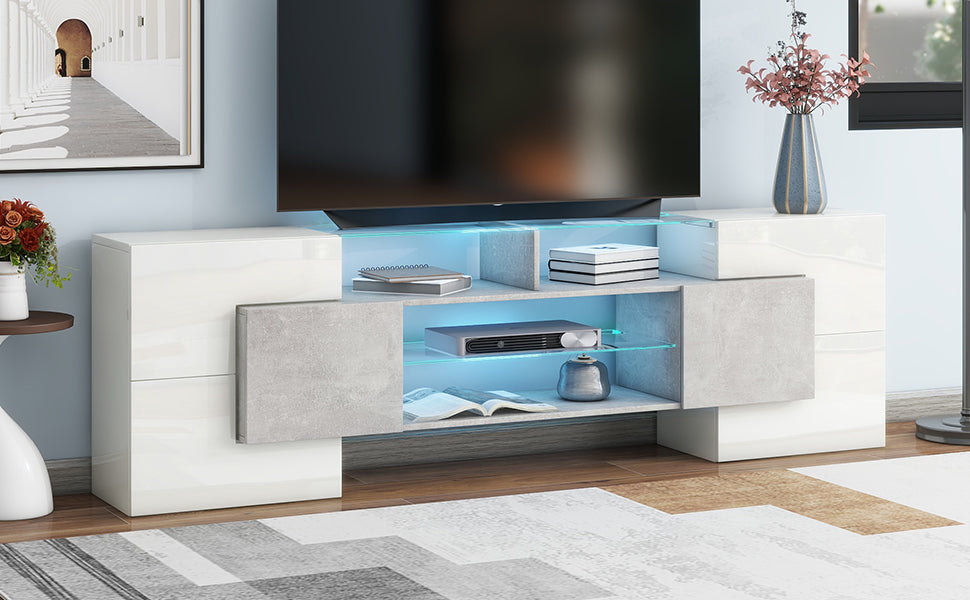 ON-TREND Unique Shape TV Stand with 2 Illuminated Glass Shelves, High Gloss Entertainment Center for TVs Up to 88', Versatile TV Cabinet with LED Color Changing Lights for Living Room, Grey