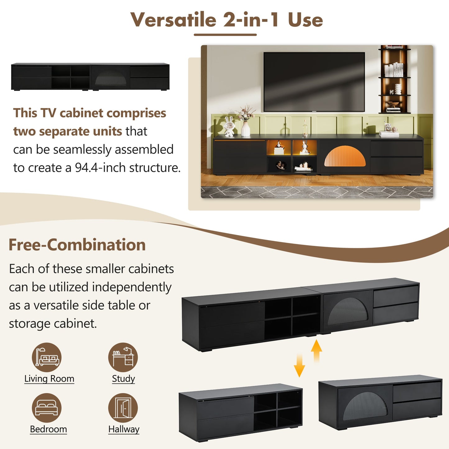 ON-TREND Modern TV Stand with Fluted Glass Door for TVs Up to 100', Media Console with Sliding Door & 2 Drawers, Free-Combination Entertainment Center with LED Light for Living Room, Bedroom, Black