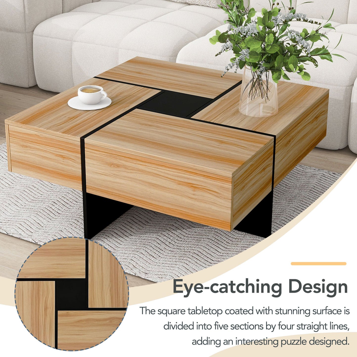 ON-TREND Unique Design Coffee Table with 4 Hidden Storage Compartments, Square Cocktail Table with Extendable Sliding Tabletop, UV High-gloss Design Center Table for Living Room, 31.5'x 31.5'