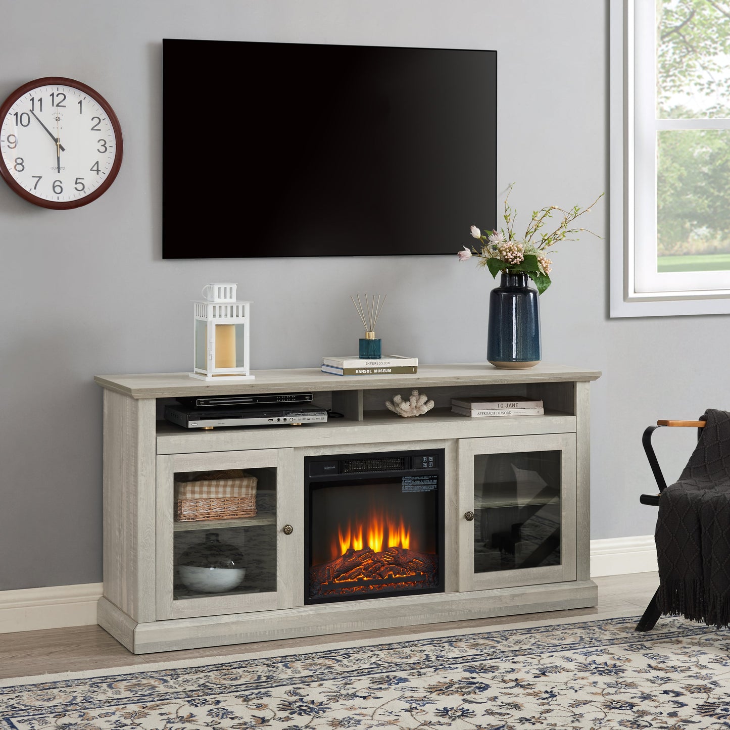 Contemporary TV Media Stand Modern Entertainment Console with 18' Fireplace Insert for TV Up to 65' with Open and Closed Storage Space, Stone Gray, 60'W*15.75'D*29'H