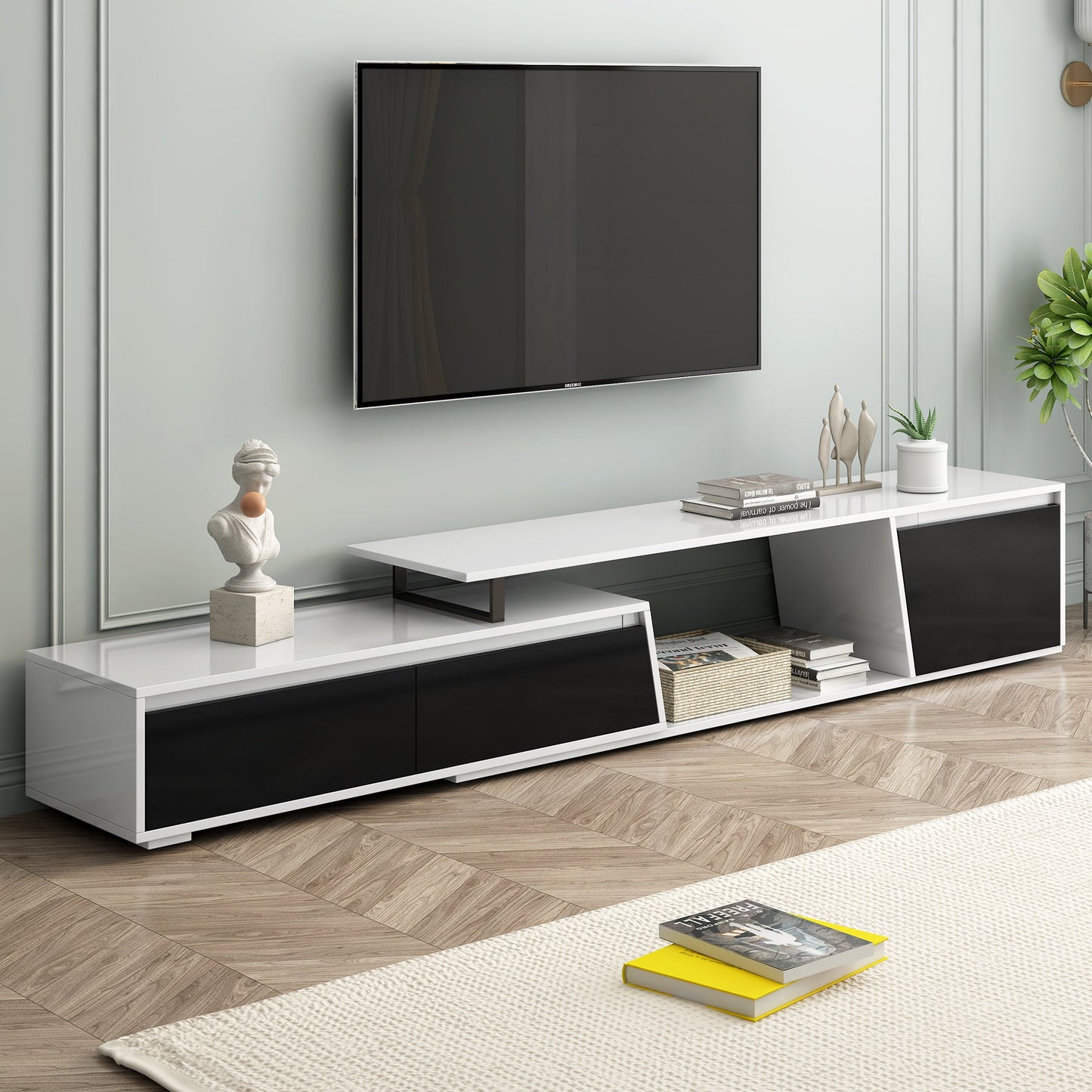 U-Can Modern, Minimalist Rectangle Extendable TV Stand, TV Cabinet with 2 Drawers and 1 Cabinet for Living Room, Up to 100''