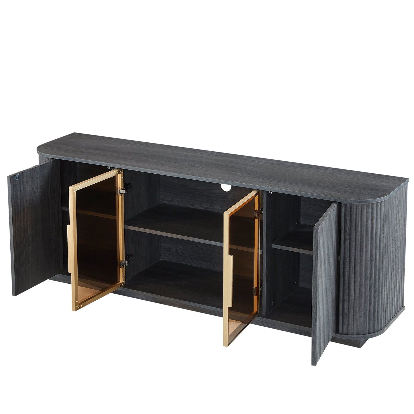 Modern 64-Inch Wavy TV Cabinet with LED Lights, Black, Particleboard and MDF, 64''W x 15''D x 24''H