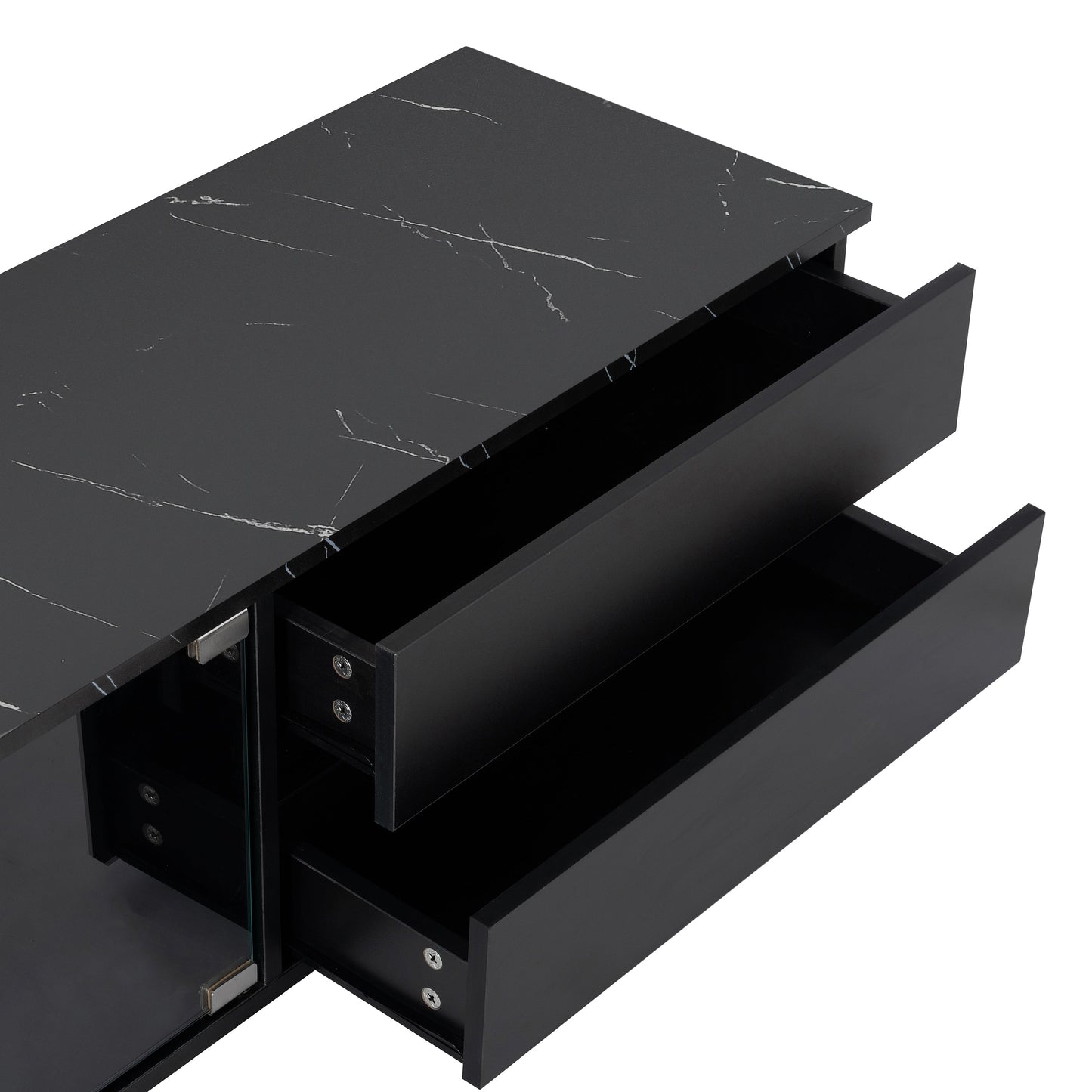 ON-TREND Modern APP Controlled LED TV Stand for TVs Up to 105'', Faux Marble Tabletop Media Console with Tempered Glass Doors, Entertainment Center with 2 Drawers & Cabinets for Living Room, Black