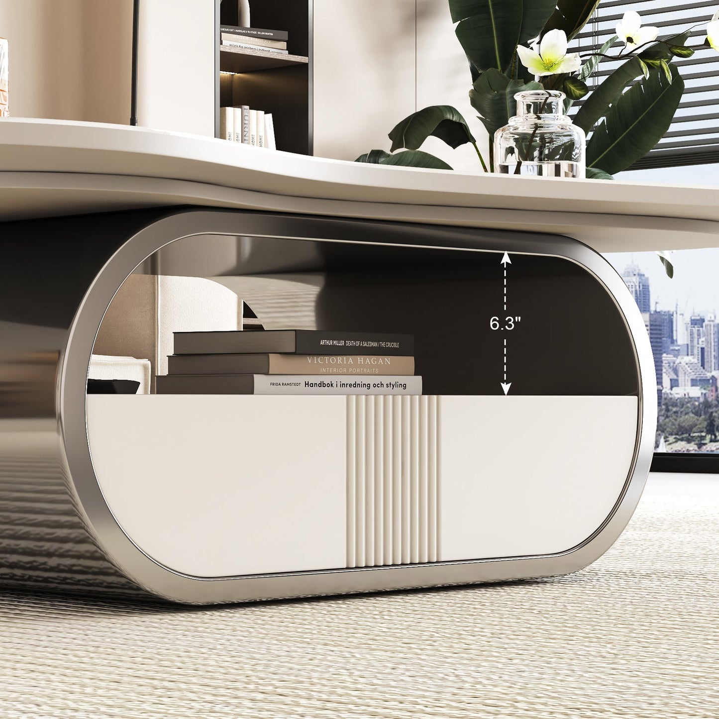 Modern Butterfly Coffee Table with Sintered Stone Top – Oval Center Table with Storage Shelf & Drawer, Stainless Steel Base & MDF Cabinet
