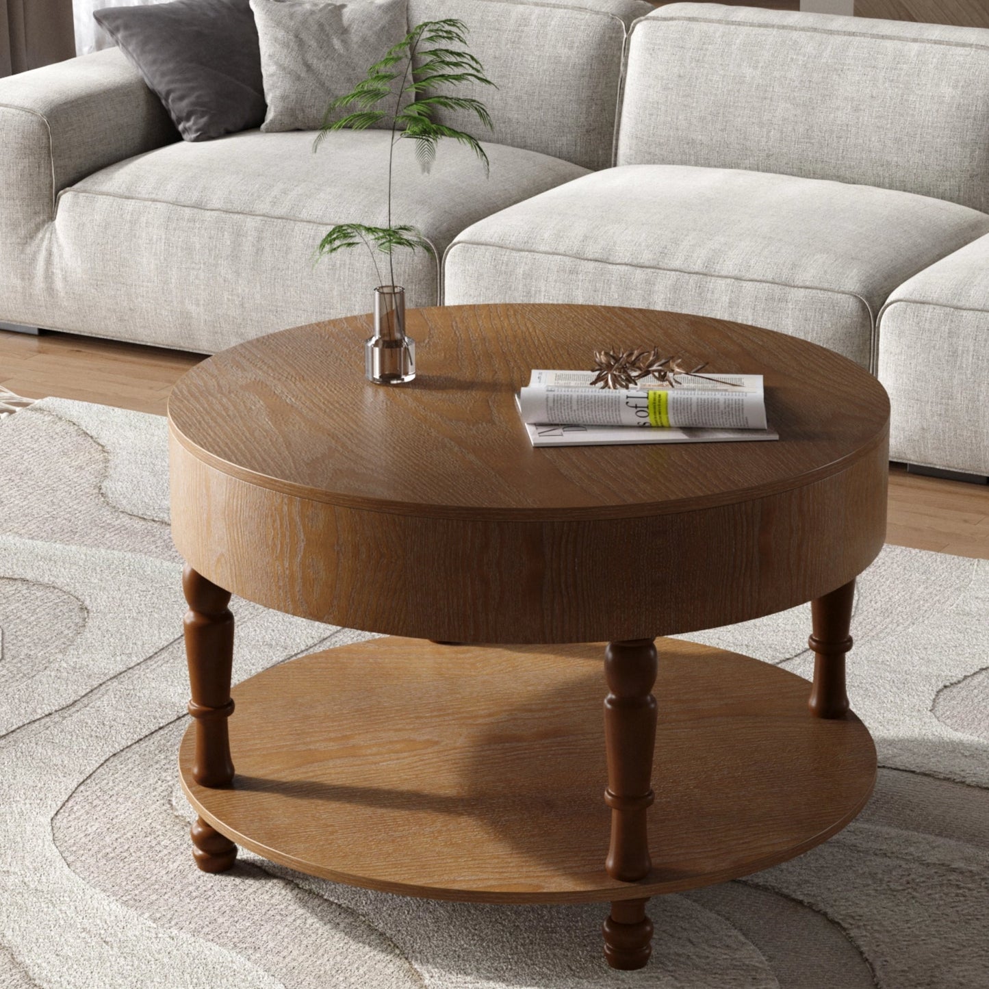 Coffee Table with Dual Storage for Living Room, 31.5' Modern Round Coffee Table with Storage and Hidden Compartment, Adjustable Leveling Feet, Easy Assembly (Walnut)