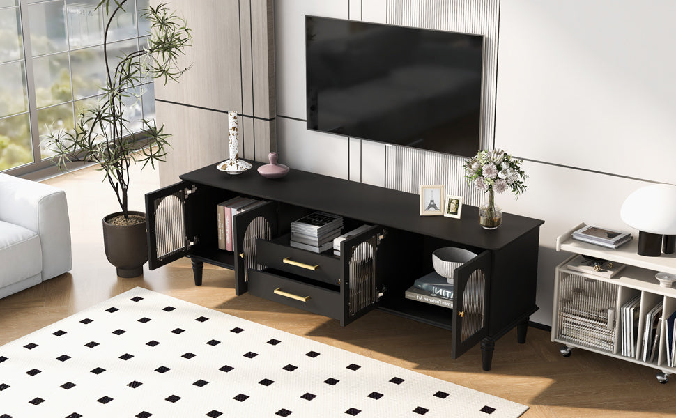U-Can 68.9'' Retro TV Stand for TVs up to 75 Inches, Entertainment Center Media Console with Fluted Glass Doors and Five Solid Wood Legs for Living room(OLD SKU:N724P198468B)