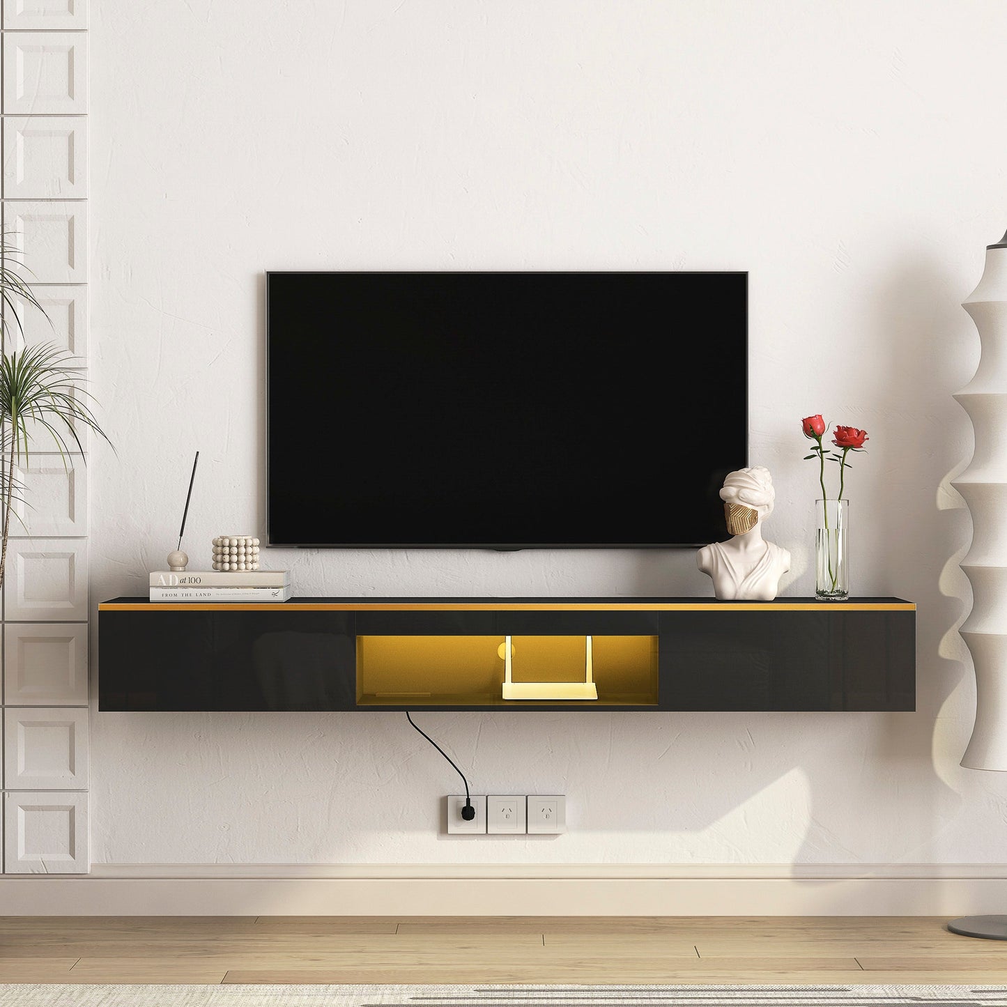 Floating TV Stand Wall Mounted with 16 Color LEDs,69' Modern TV Stand, Floating TV Cabinet Entertainment Center for 55 60 65 Inch TV,Black