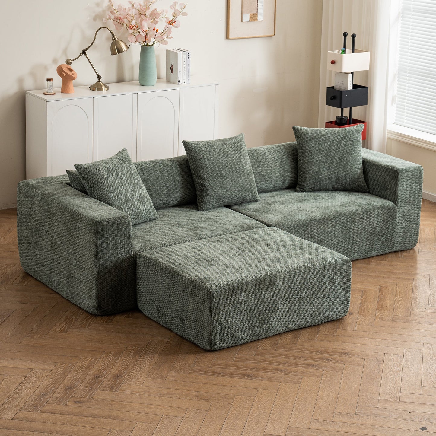 Modular cross-section with L-shaped lounge chair, cloud sofa, living room, bedroom soft cushion sofa - no installation required - chenille fabric (Green)