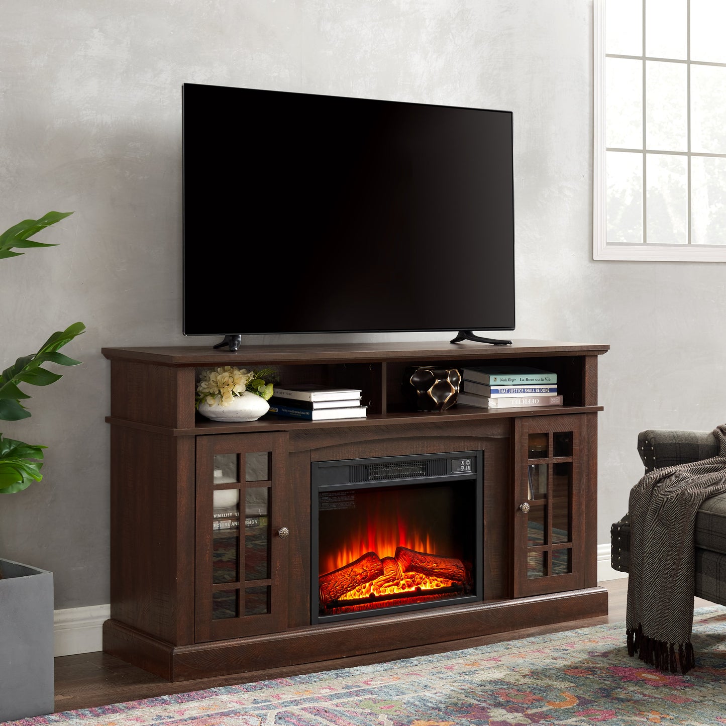 Classic TV Media Stand Modern Entertainment Console with 23' Fireplace Insert for TV Up to 65' with Open and Closed Storage Space, Espresso, 58.25'W*15.75'D*32'H