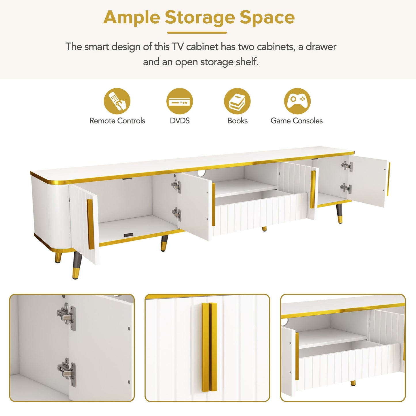 ON-TREND Luxury Minimalism TV Stand with Open Storage Shelf for TVs Up to 85', Entertainment Center with Cabinets and Drawers, Practical Media Console with Unique Legs for Living Room, White