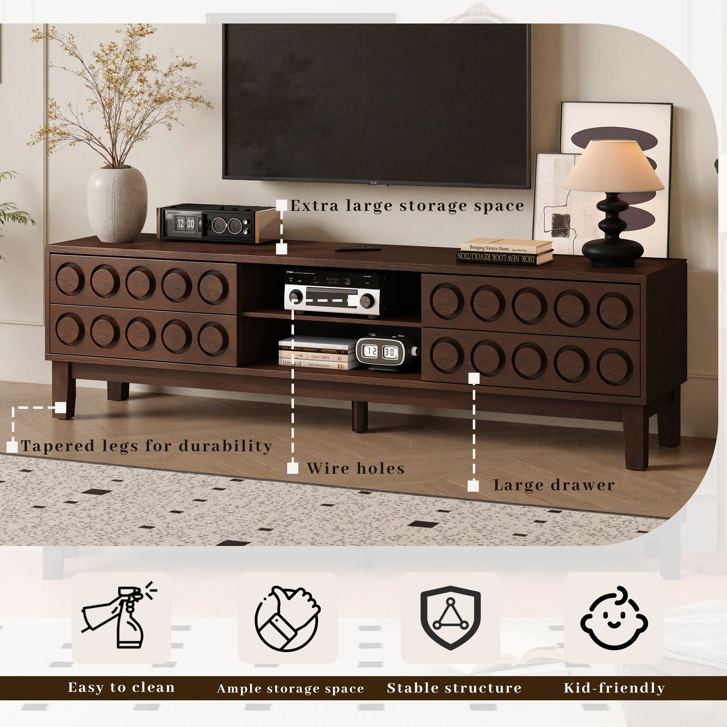 TV Stand for TVs up to 75', Media Console with 4 Drawers, Entertainment Center with Storage for Living Room and Bedroom(Dark Brown)