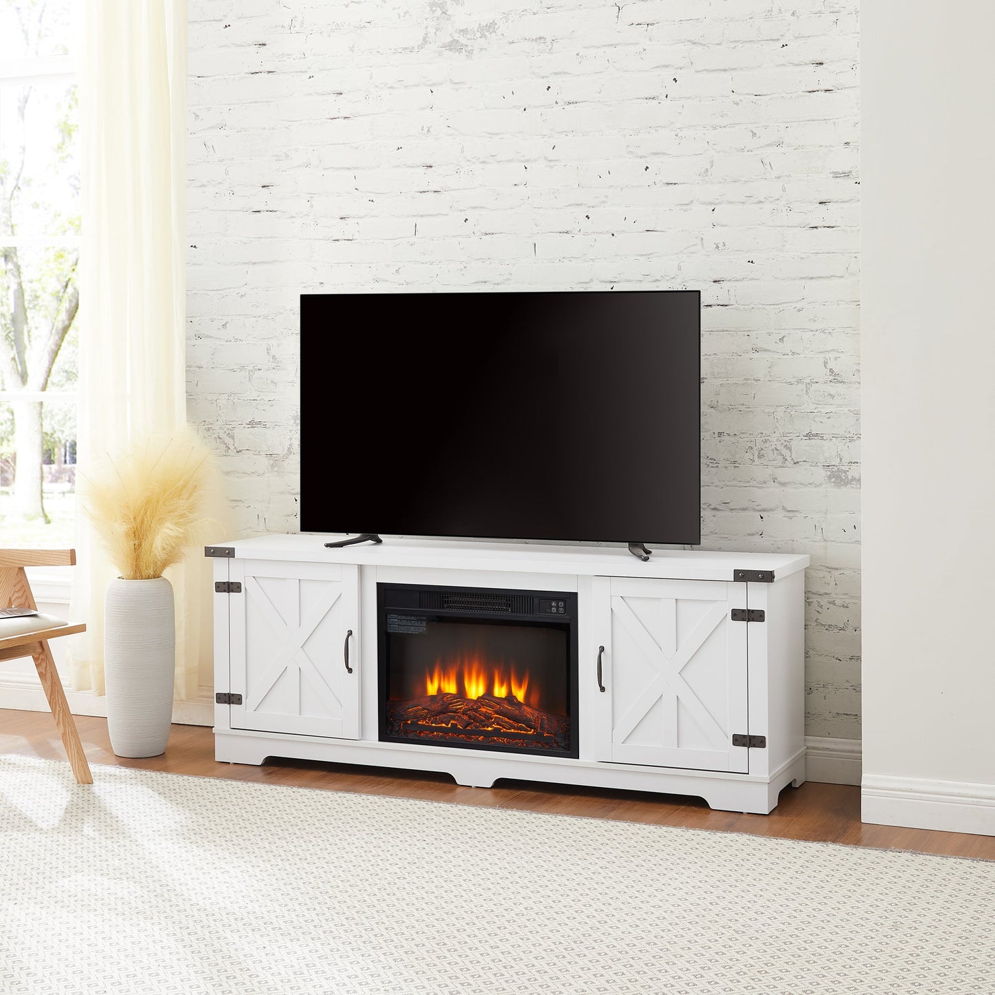 Modern Farmhouse TV Media Stand, Large Barn Inspired Home Entertainment Console, with 23' Fireplace Insert, for TV Up to 70'', with Open Shelves and Closed Cabinets, White, 64.8'W*15.67'D*24.29'H