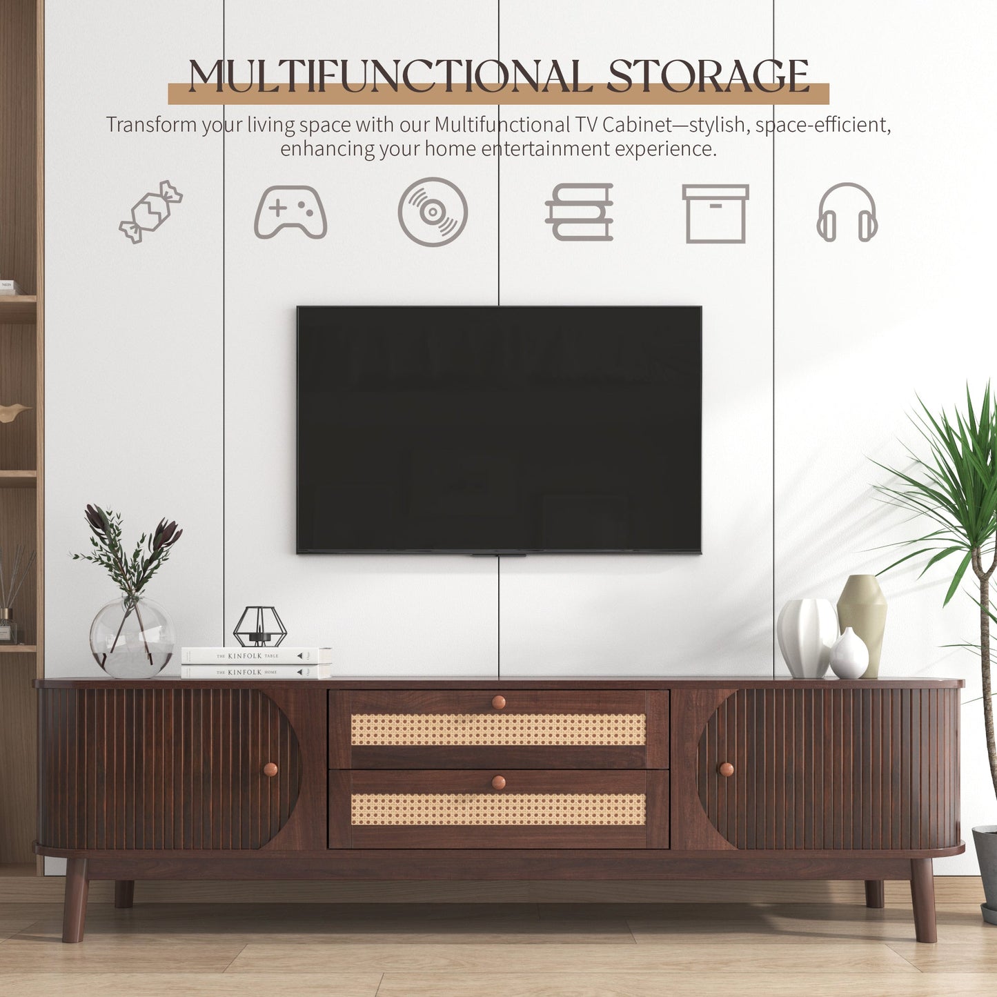 Rattan TV Stand for TVs up to 75'', Modern Farmhouse Media Console, Entertainment Center with Solid Wood Legs, TV Cabinet for Living Room,Home Theatre