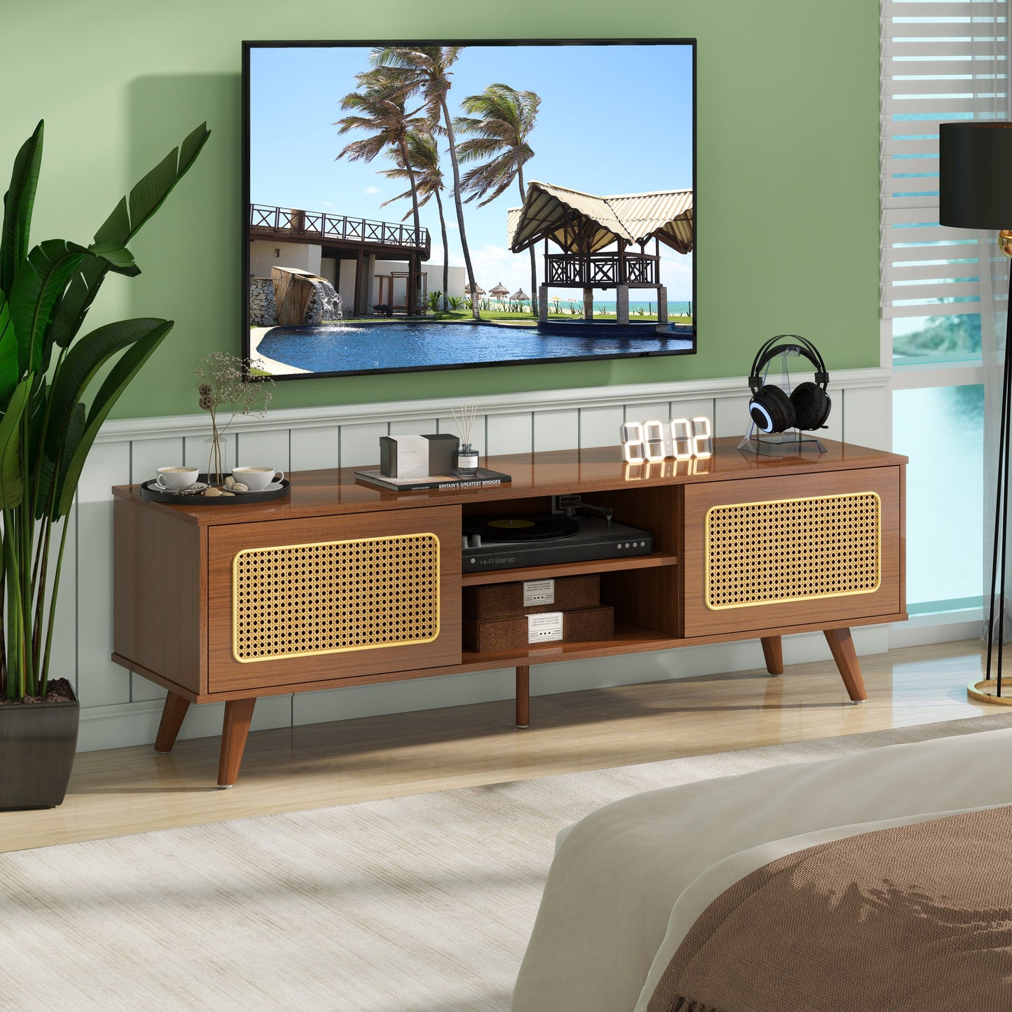 Mid Century Modern Rattan TV Stand for 55/60/65 inch TV , Entertainment Cabinet, Media Console for Living Room Bedroom Media Room, Solid Wood Feet & Rattan Cabinet Doors (Walnut, 59')
