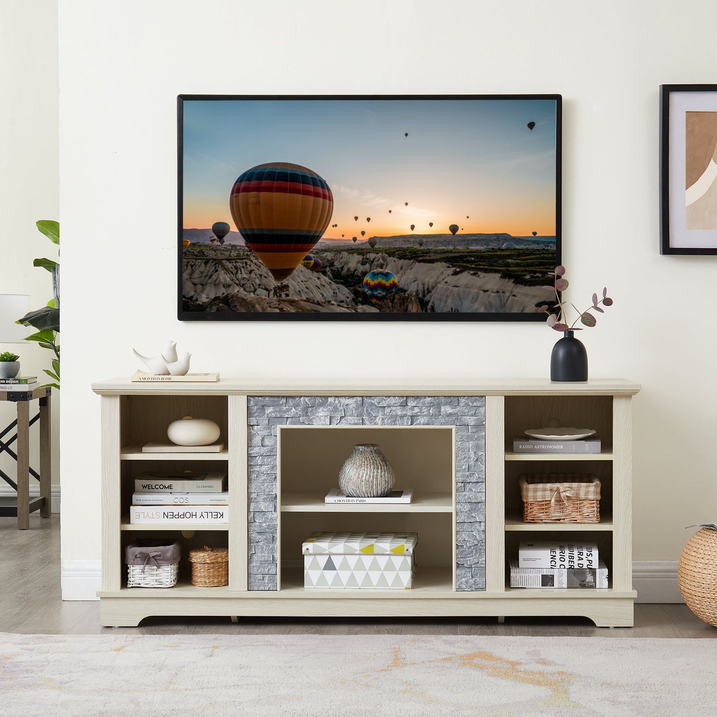 Mantel Stone TV Media Stand with with Faux Stacked Stone Surround, Modern Entertainment Console with Open Storage Space,WHITE, 58.31'W*15.39'D*26.06'H