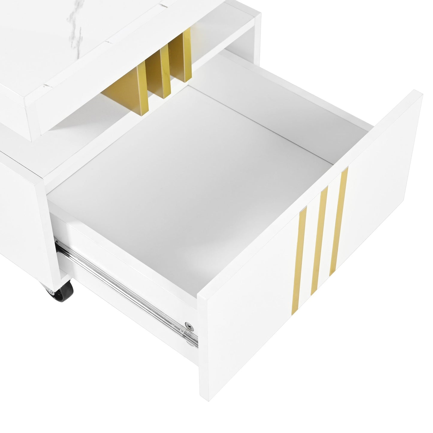 ON-TREND Contemporary Coffee Table with Faux Marble Top, Rectangle Cocktail Table with Caster Wheels, Moderate Luxury Center Table with Gold Metal Bars for Living Room, White