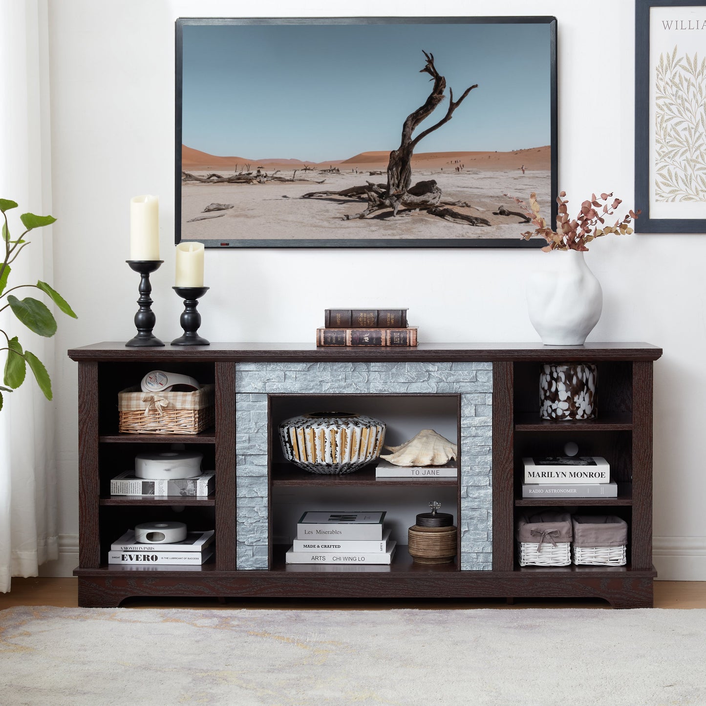 TV Media Stand with with Faux Stacked Stone Surround, Modern Entertainment Console with Open Storage Space, Cherry, 58.31'W*15.39'D*26.06'H