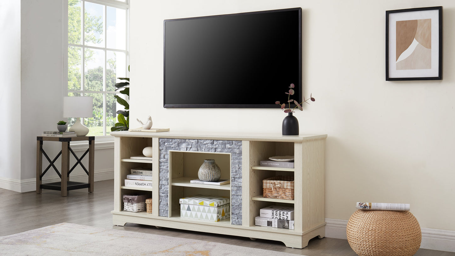 Mantel Stone TV Media Stand with with Faux Stacked Stone Surround, Modern Entertainment Console with Open Storage Space,WHITE, 58.31'W*15.39'D*26.06'H