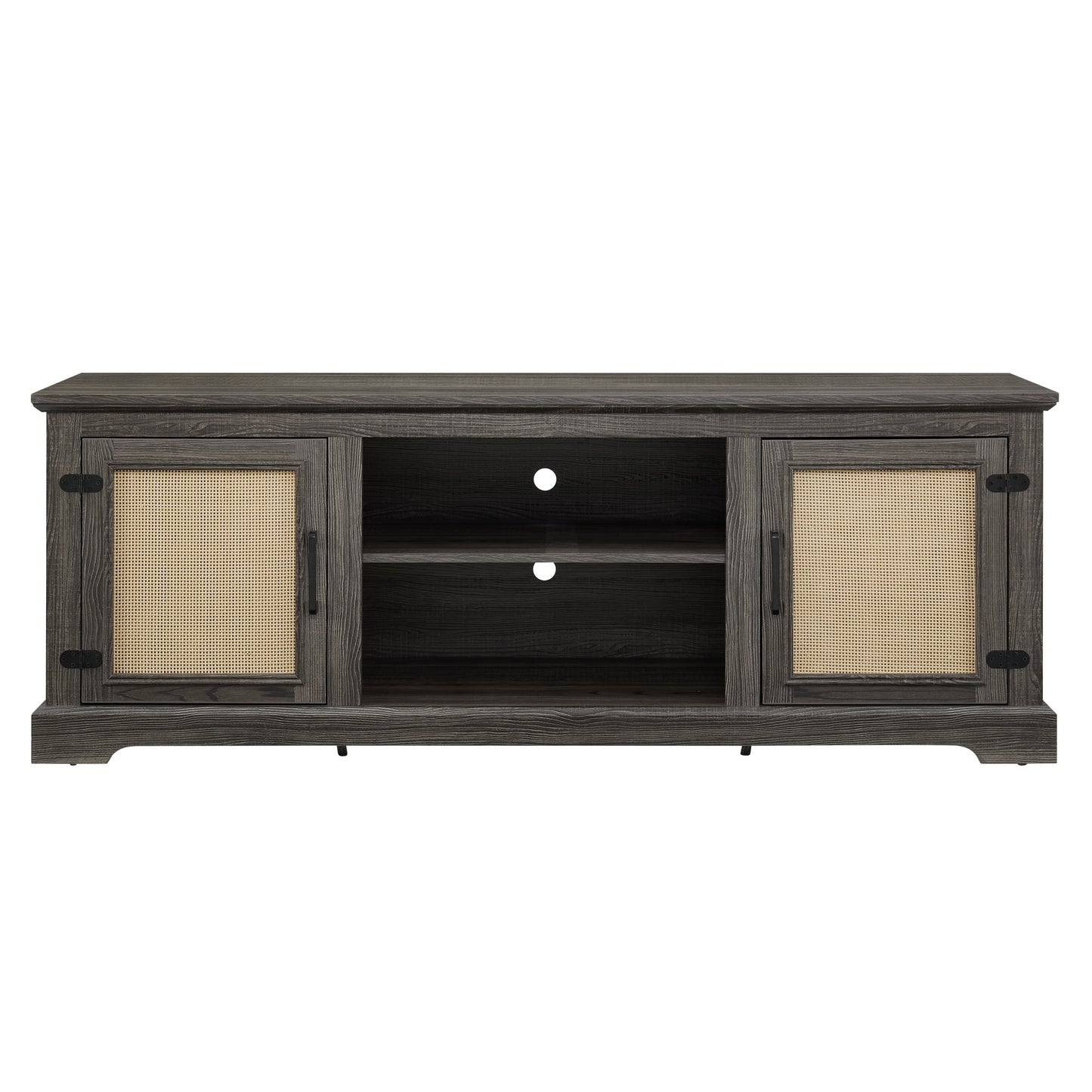 Farmhouse Rattan TV Stand Console Table for TVs up to 70 Inches, TV Console Table with 2 Storage Shelves, 2 Natural Rattan Door Cabinets, 65'W*15.55'D*23.86'H, Gray