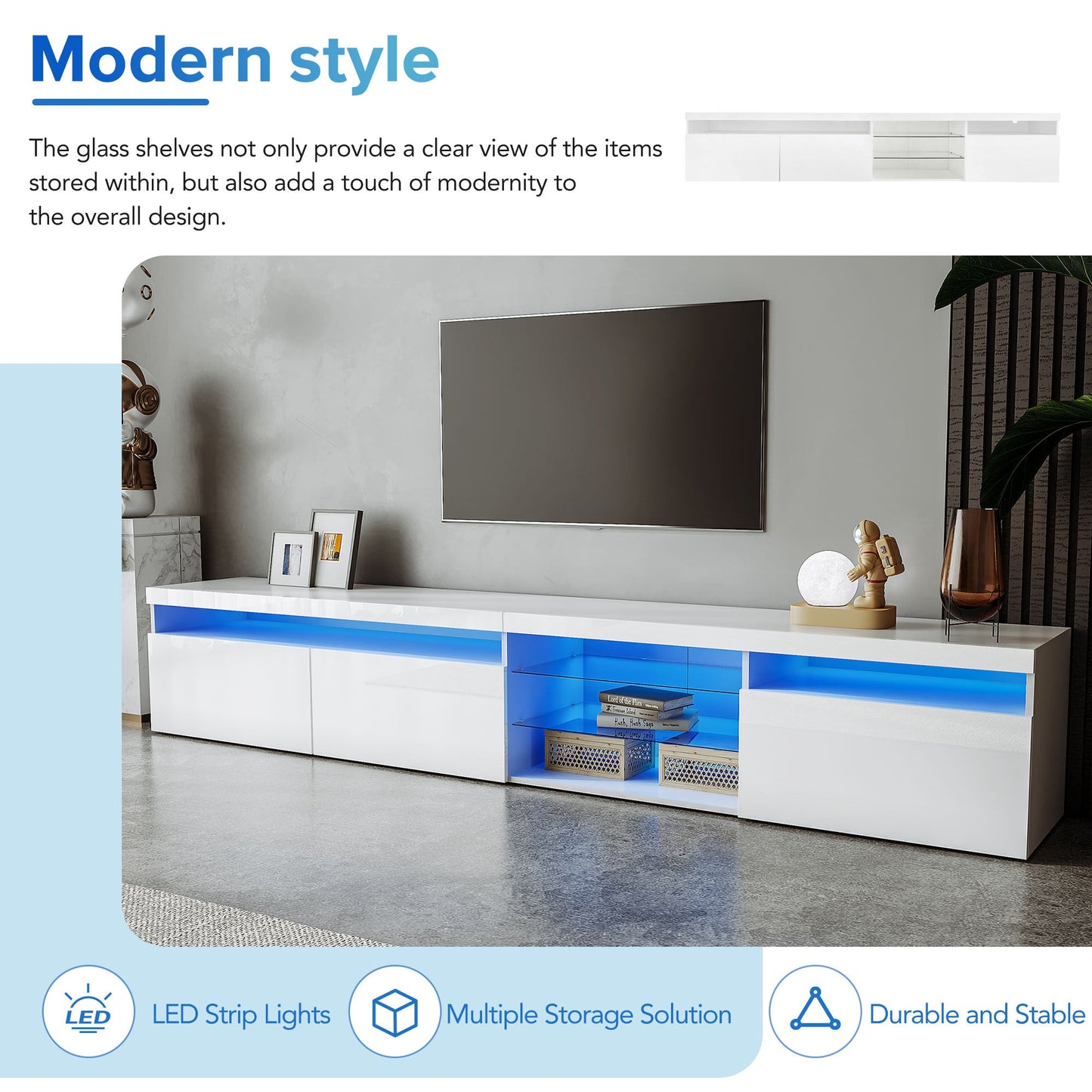 ON-TREND Unique Design TV Stand with 2 Glass Shelves, Ample Storage Space Media Console for TVs Up to 105', Versatile TV Cabinet with LED Color Changing Lights for Living Room, White