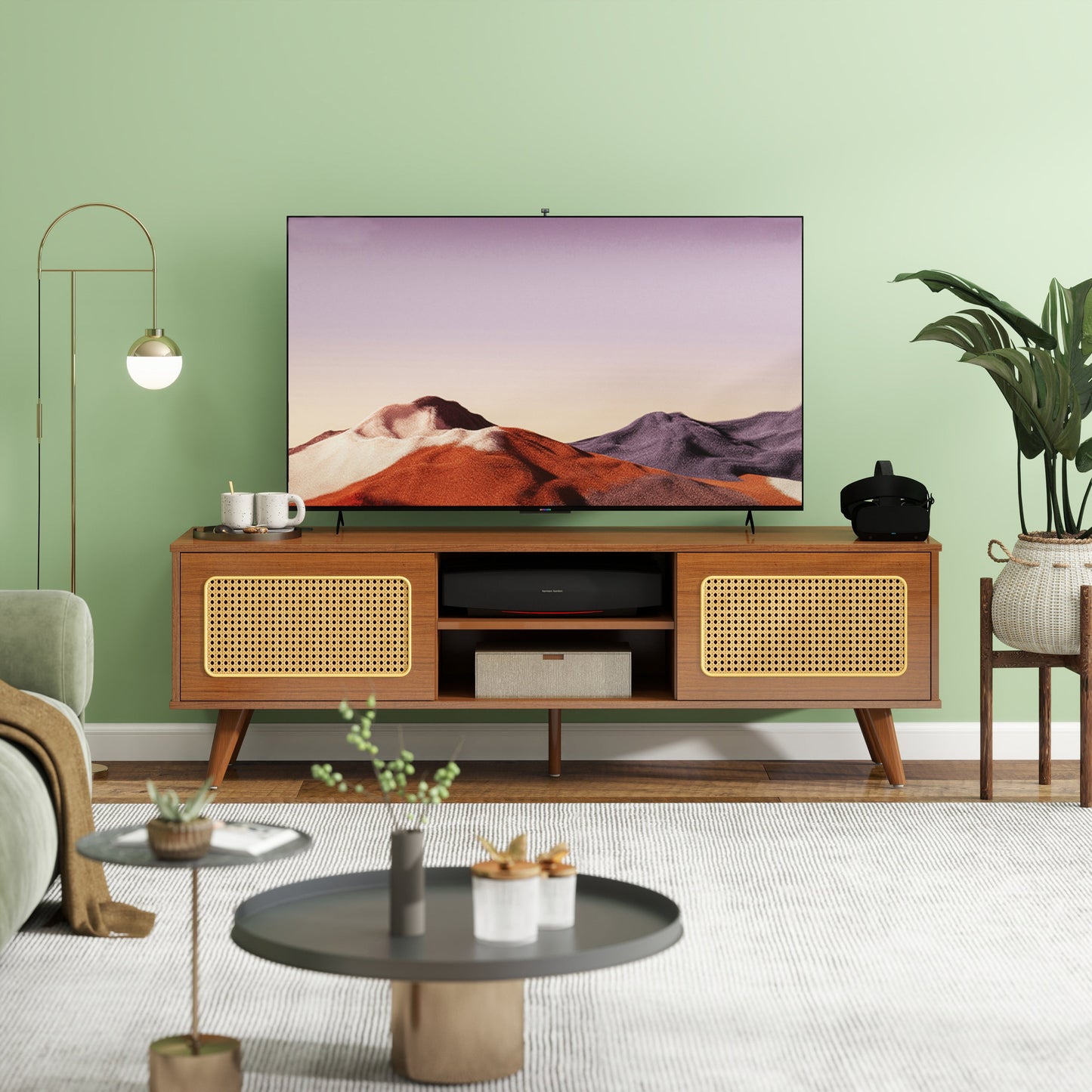 Mid Century Modern Rattan TV Stand for 55/60/65 inch TV , Entertainment Cabinet, Media Console for Living Room Bedroom Media Room, Solid Wood Feet & Rattan Cabinet Doors (Walnut, 59')