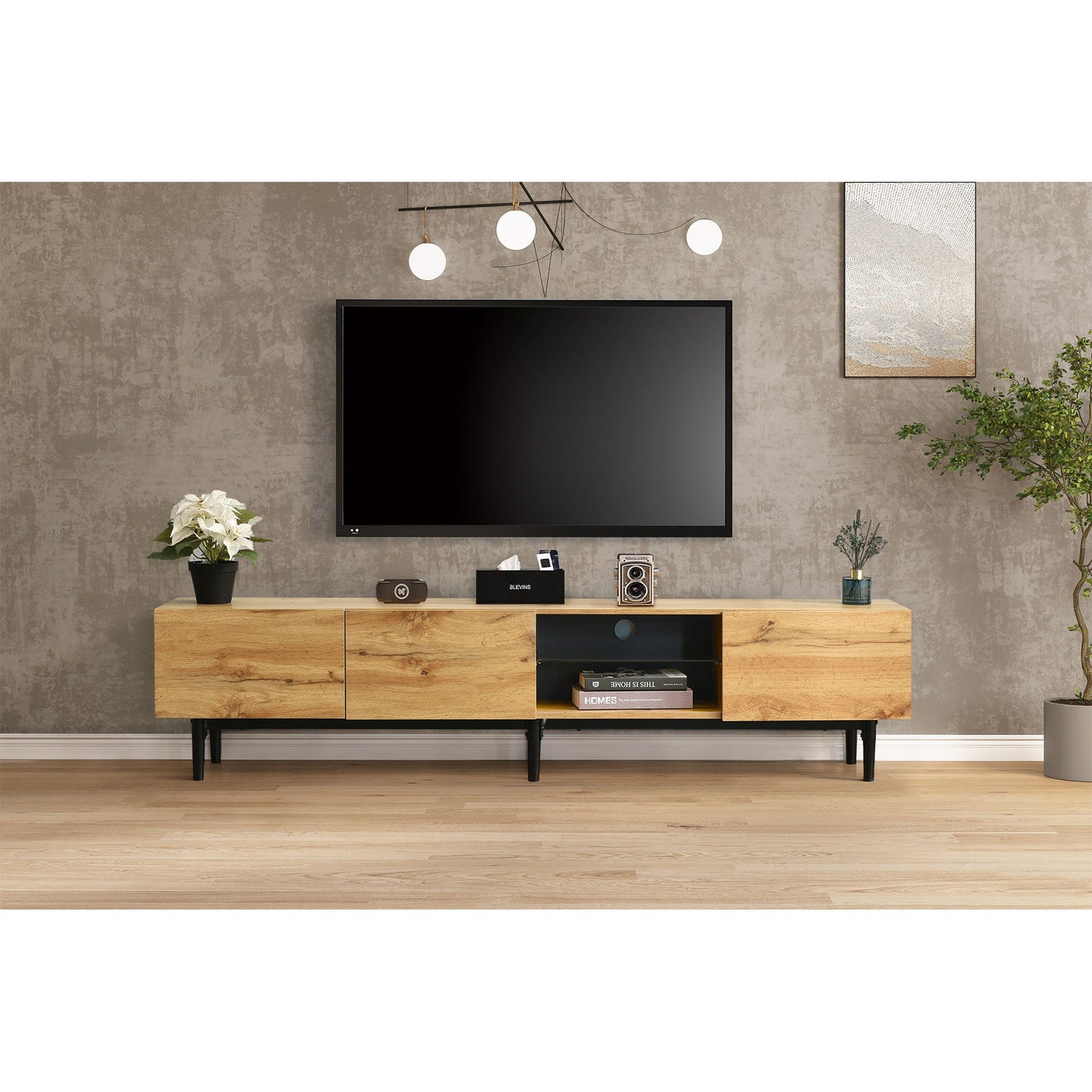 Modern TV Stand with 4 Cabinets& Open Shelves, Color-matching Media Console Table for TVs up to 80'' with LED Light, Entertainment Center with Drop Down Door for Living Room, Bedroom, Home Theatre