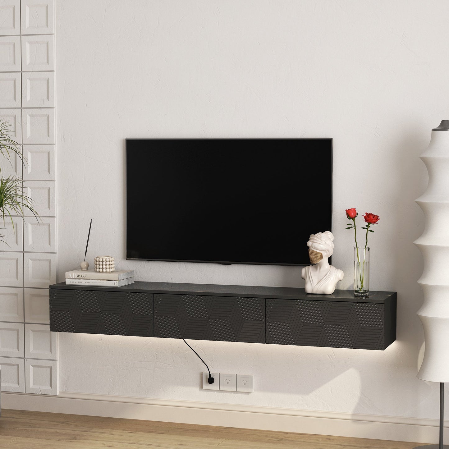 Floating TV Stand Wall Mounted with 16 Color LEDs,67' Modern TV Stand, Floating TV Cabinet Entertainment Center for 55 60 65 Inch TV,Black