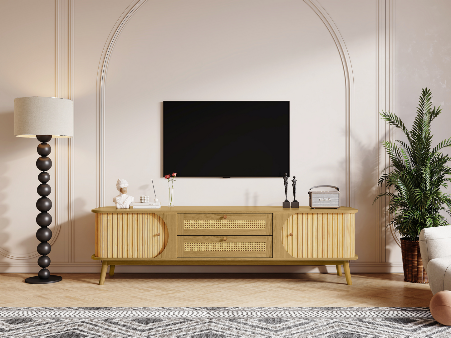 Rattan TV Stand for TVs up to 75'', Modern Farmhouse Media Console, Entertainment Center with Solid Wood Legs, TV Cabinet for Living Room,Home Theatre