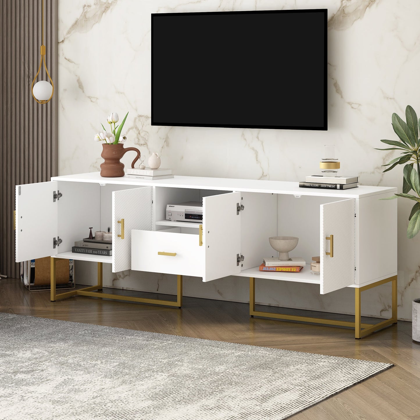U-Can Modern TV Stand for TV up to 70 Inches,TV Cabinet with 1 Drawer, 2 Cabinets and Metal Legs, Handles and Anti-tip Device for Living room