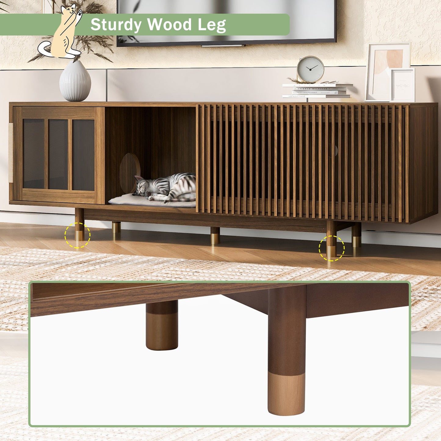 Mid-Century Modern style 2 IN 1 Cat Furniture Walnut TV STAND with Cat Scratcher, Cat house With Sliding Flip-down glass door