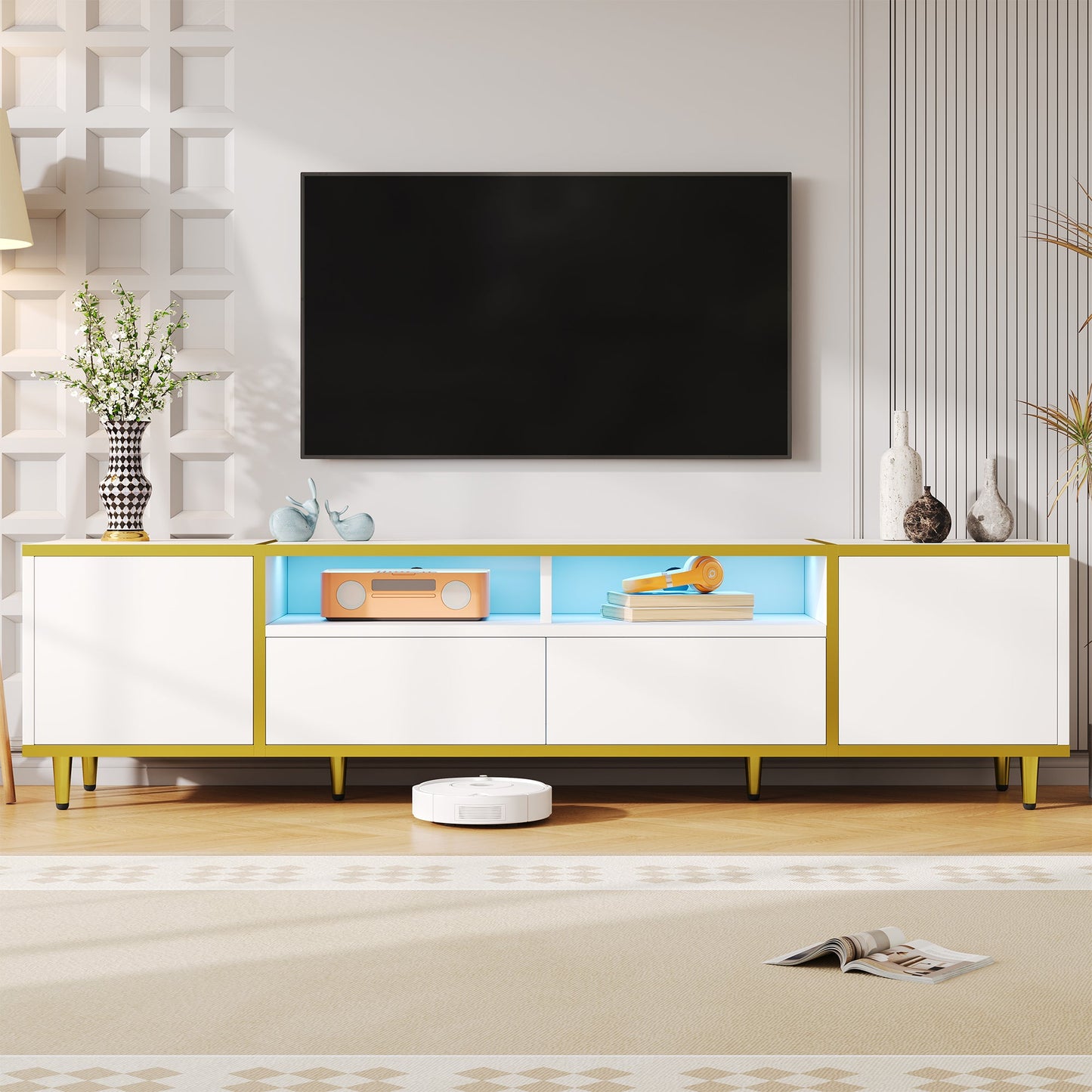 U-Can 70.9'' Modern TV Stand for TVs up to 80 Inches, Entertainment Center with 2 Shelves and LED Lights, TV Storage Cabinet with 2 Drawers, 2 Cabinets and Metal Legs for Living room