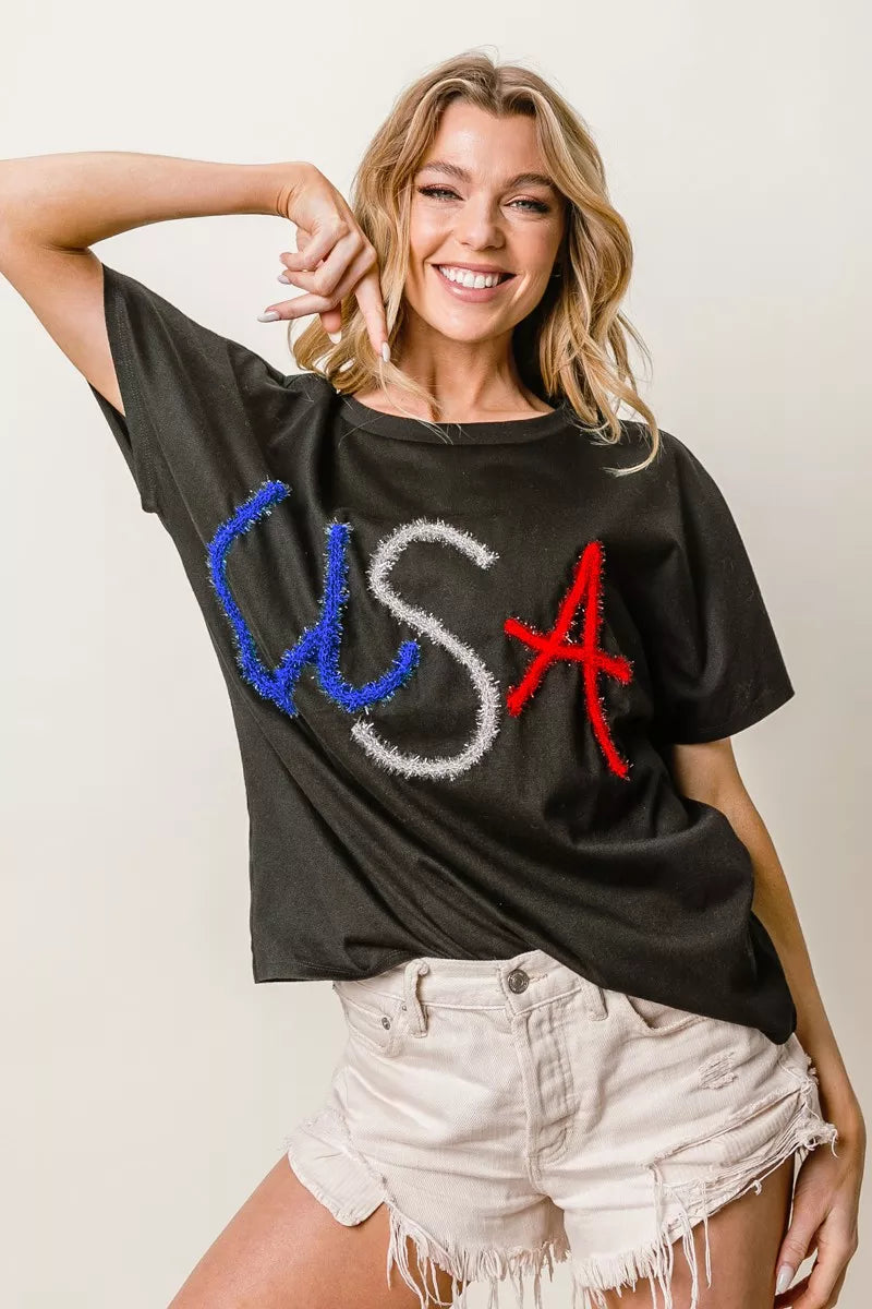BiBi Metallic Letter Short Dolman Sleeve Top - Lee's Retail