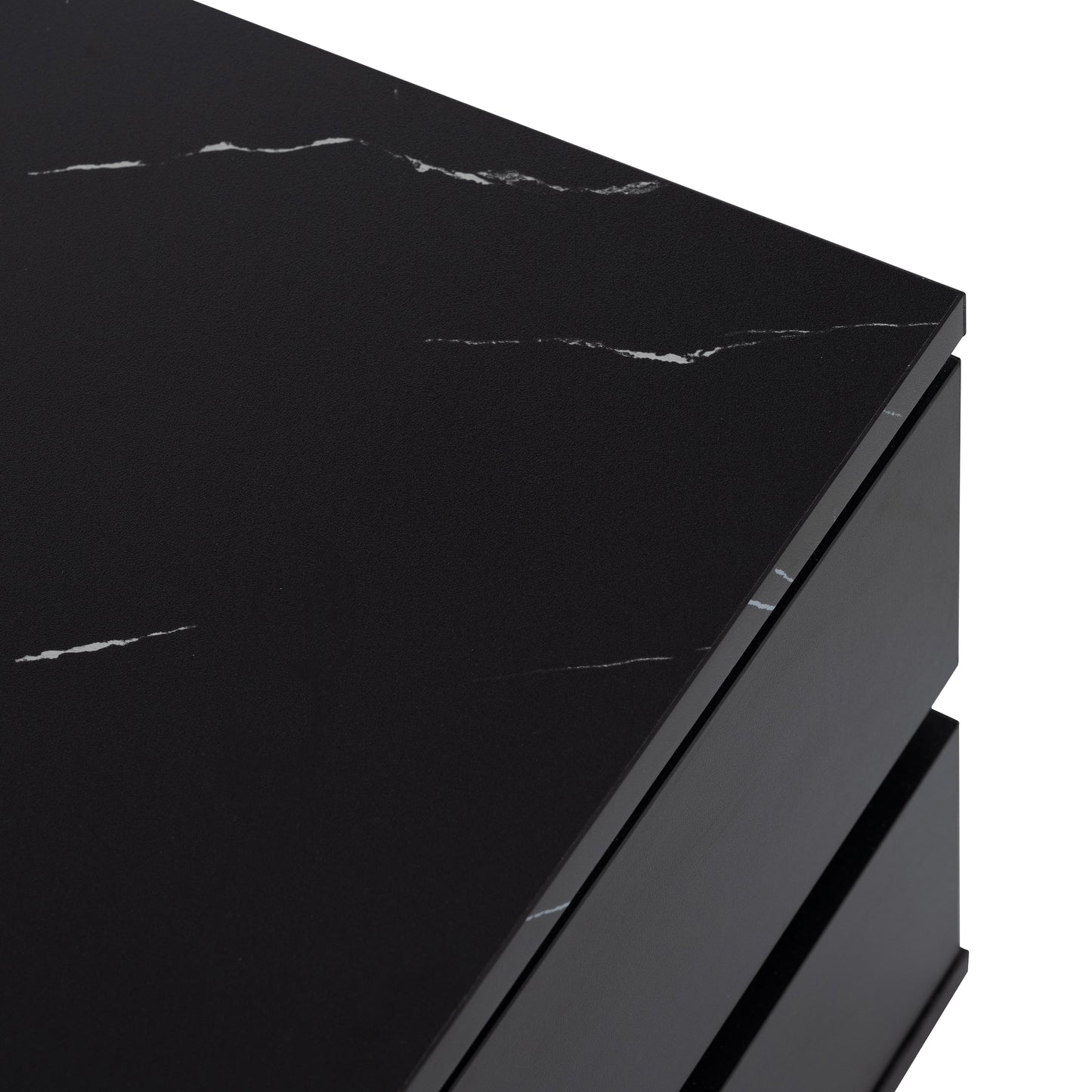 ON-TREND Modern APP Controlled LED TV Stand for TVs Up to 105'', Faux Marble Tabletop Media Console with Tempered Glass Doors, Entertainment Center with 2 Drawers & Cabinets for Living Room, Black