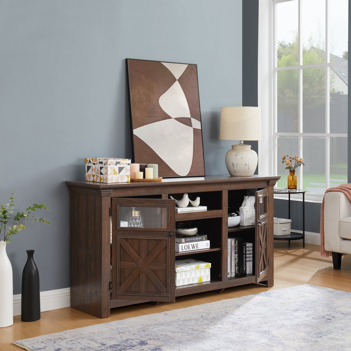 2 Doors Cabinet Farmhouse Cabinet, Farmhouse TV Stand Barn Design,Modern Farmhouse TV Media Stand, Large Barn Inspired Home Entertainment Console,Espresso, 60.23'W*15.35'D*31.7'H