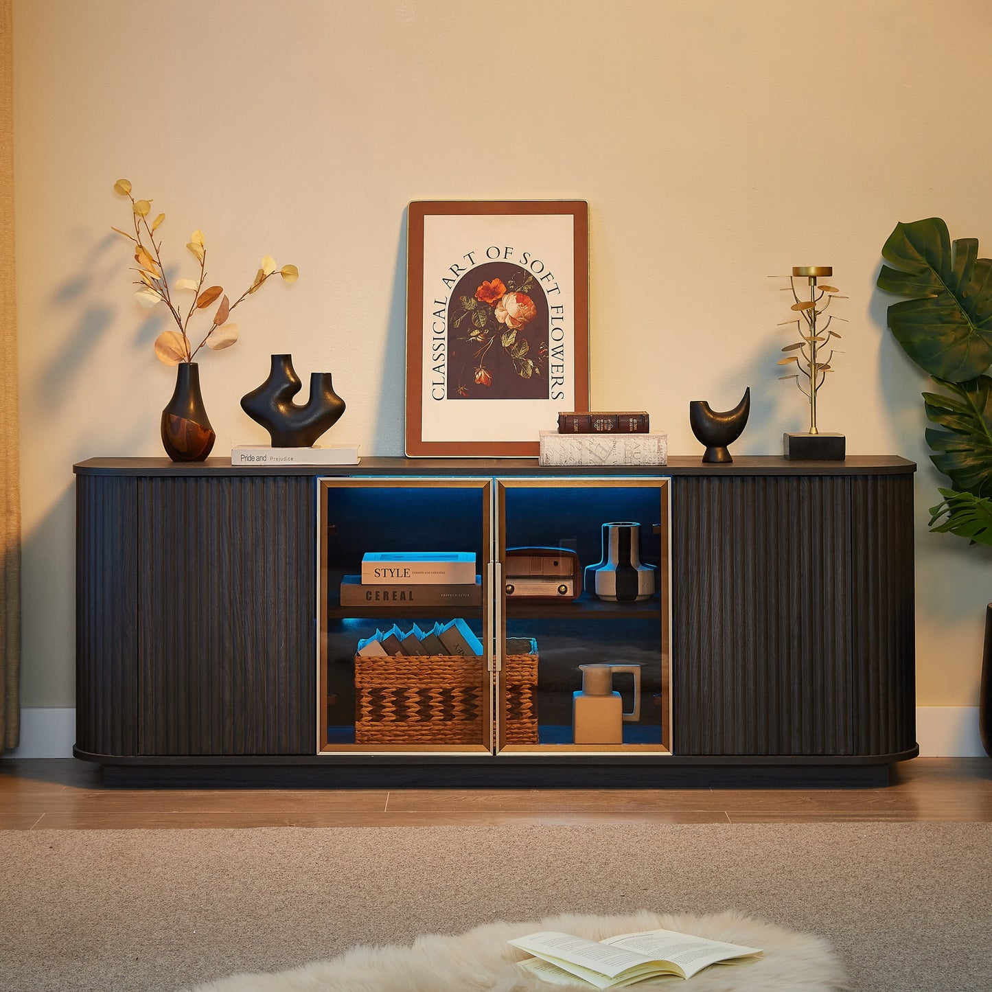 Modern 64-Inch Wavy TV Cabinet with LED Lights, Black, Particleboard and MDF, 64''W x 15''D x 24''H
