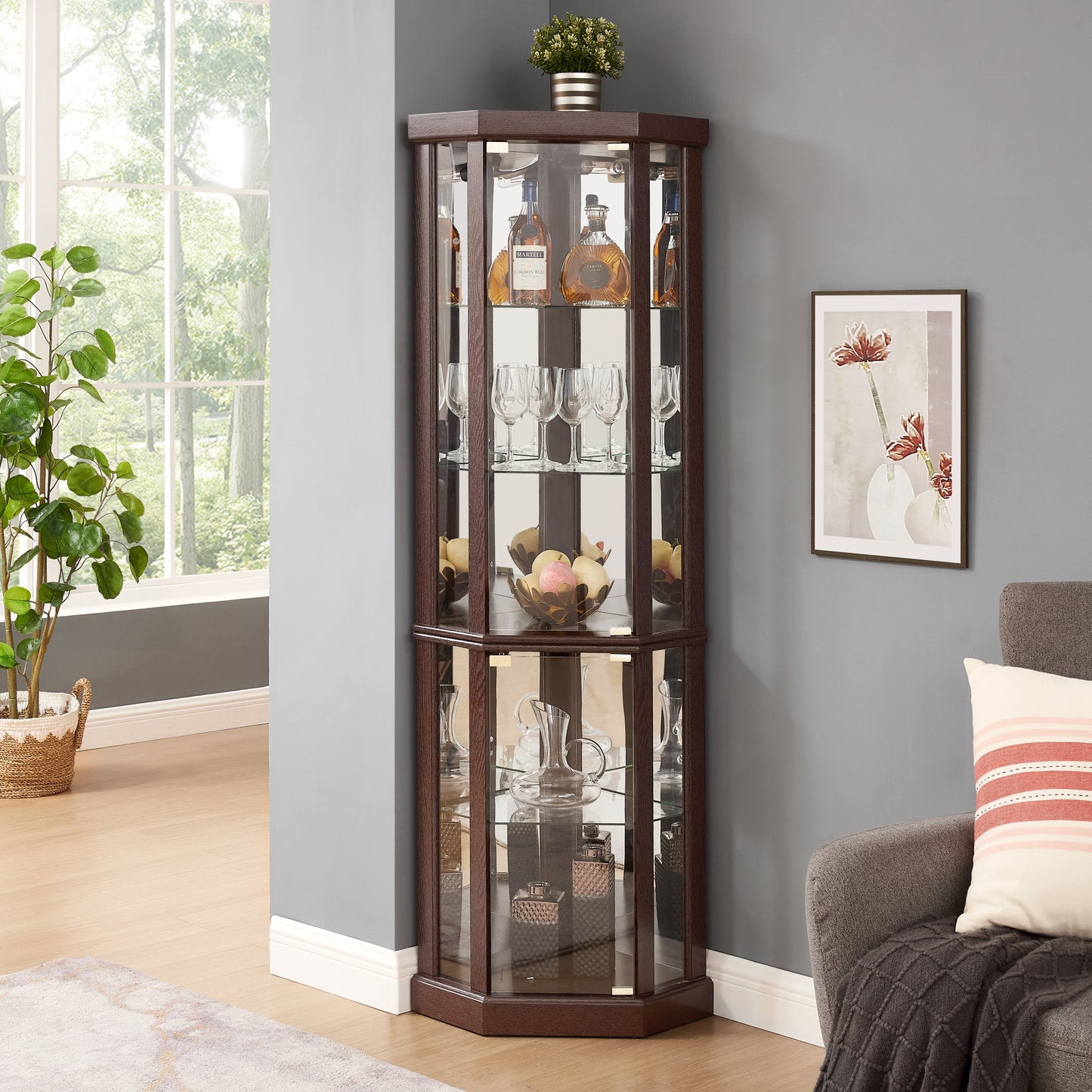 Lighted Corner Curio Cabinet - Elegant Glass Display Case for Living Room & Bar Storage - Perfect for Antique Collections & Wine - Includes Built-in Lighting - Dark Cherry