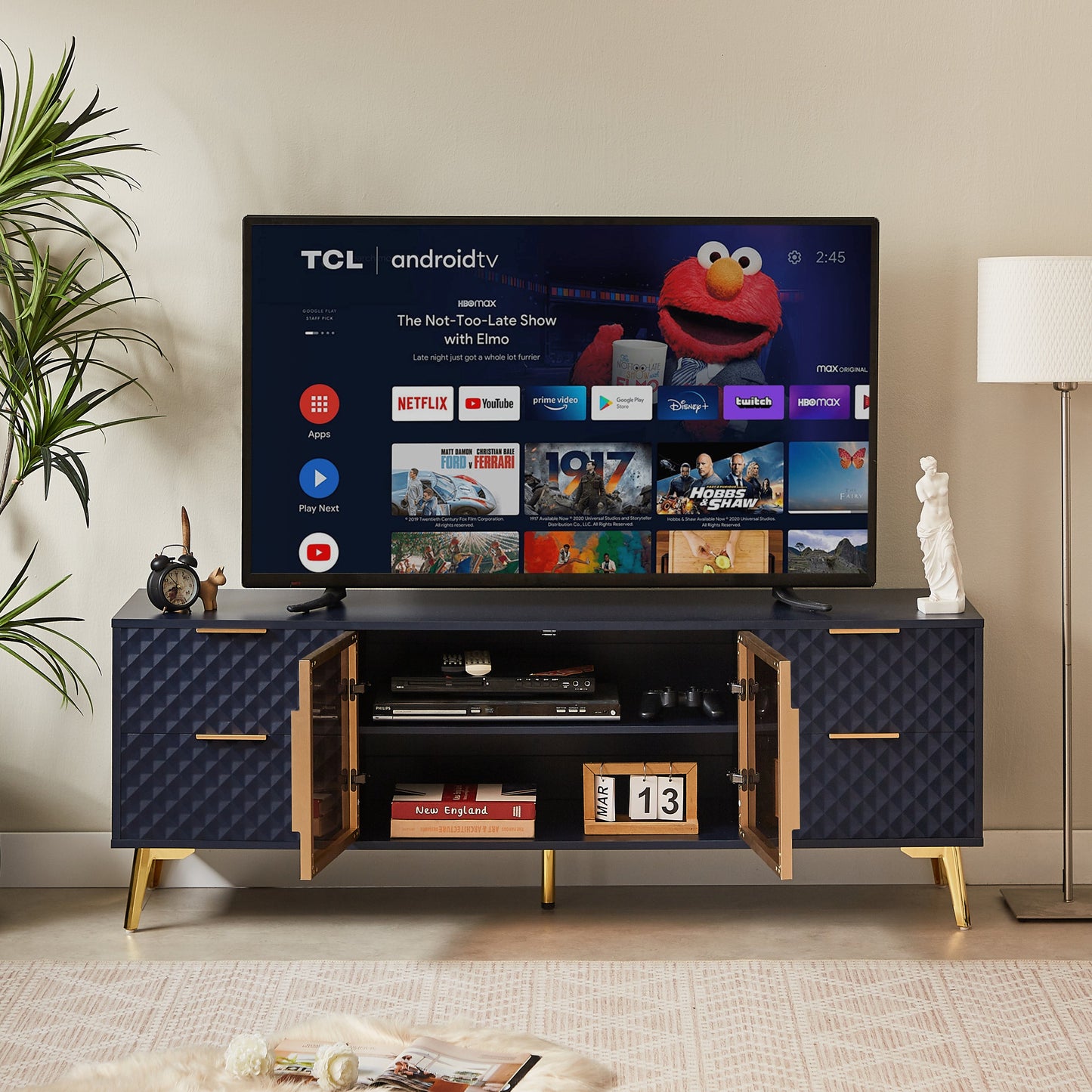 Deluxe Sculpted Modern Fashion Geometric Style TV Stand, Aluminum Frame Tempered Glass Door 4 Drawer Chest with Adjustable Metal Feet ,Dark Blue,59.9'L x 15.7'W x 21.7'H