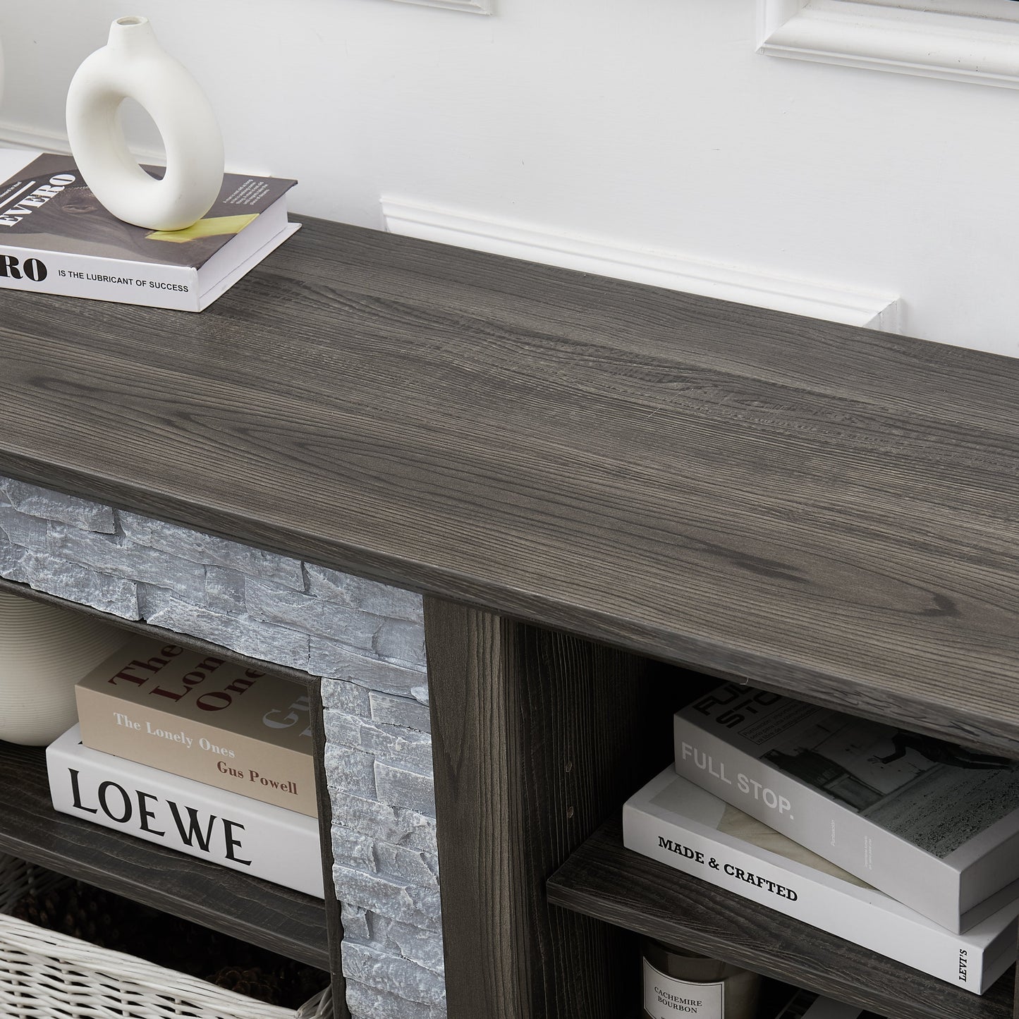 Mantel Stone TV Media Stand with with Faux Stacked Stone Surround, Modern Entertainment Console with Open Storage Space,Grey, 58.31'W*15.39'D*26.06'H