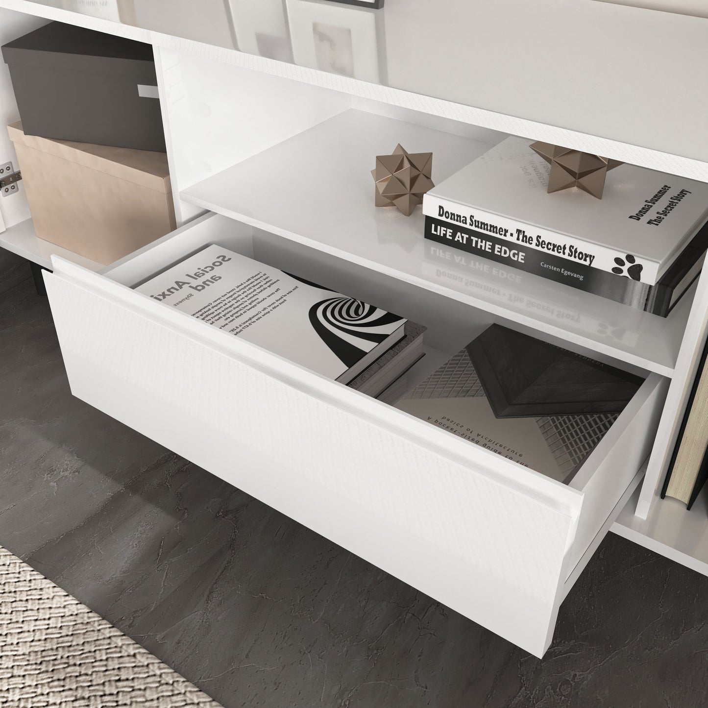 High Gloss Panel Modern TV Console, TV Stand, Entertainment Center with Storage Shelves,TV Cabinet for Living Room, Bedroom, Cloud White 63x15.74x19.68 inch