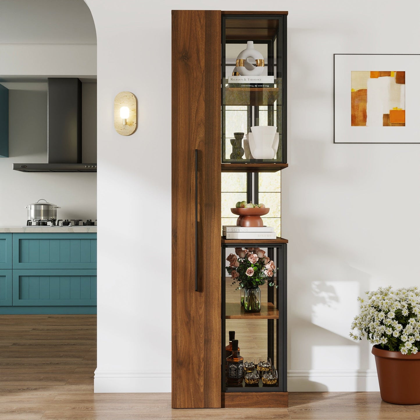 70' Display Cabinet with Glass Doors and Lights, with multi-functional pull-out multi-tier storage shelf , Wooden Display Storage Cabinets