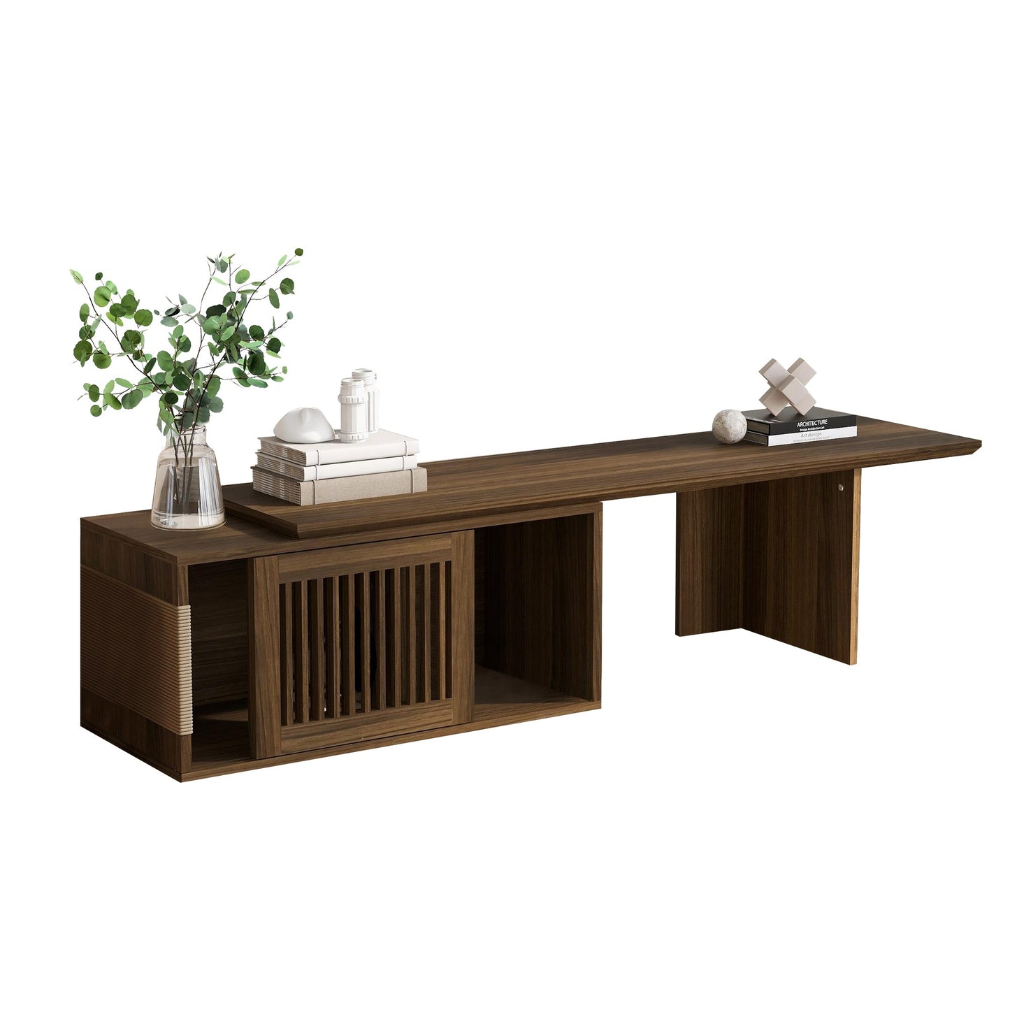 Mid-Century Modern 2 in 1 Cat Furniture Walnut TV Stand With Extendable table, Litter Box Enclosure with Cat Scratcher