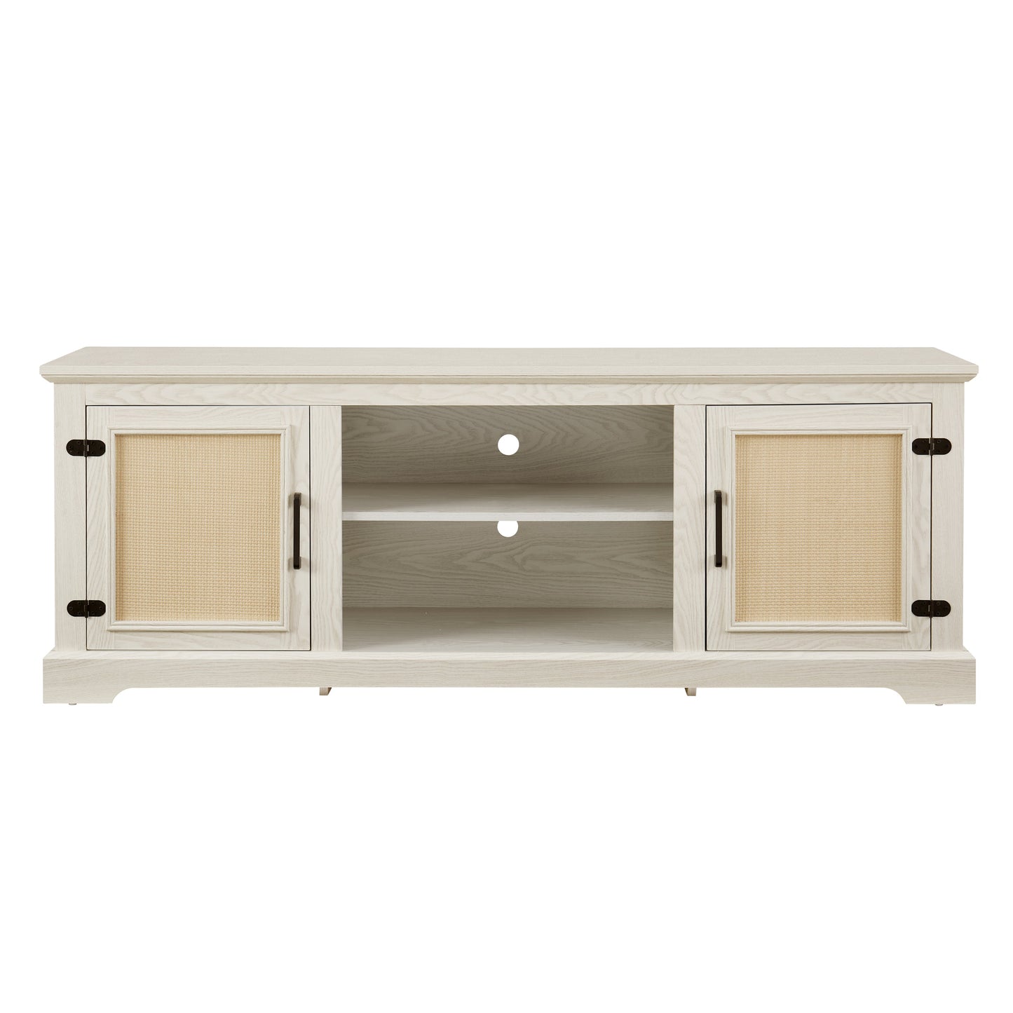 Farmhouse Rattan TV Stand Console Table for TVs up to 70 Inches, TV Console Table with 2 Storage Shelves, 2 Natural Rattan Door Cabinets,65'W*15.55'D*23.86'H, White