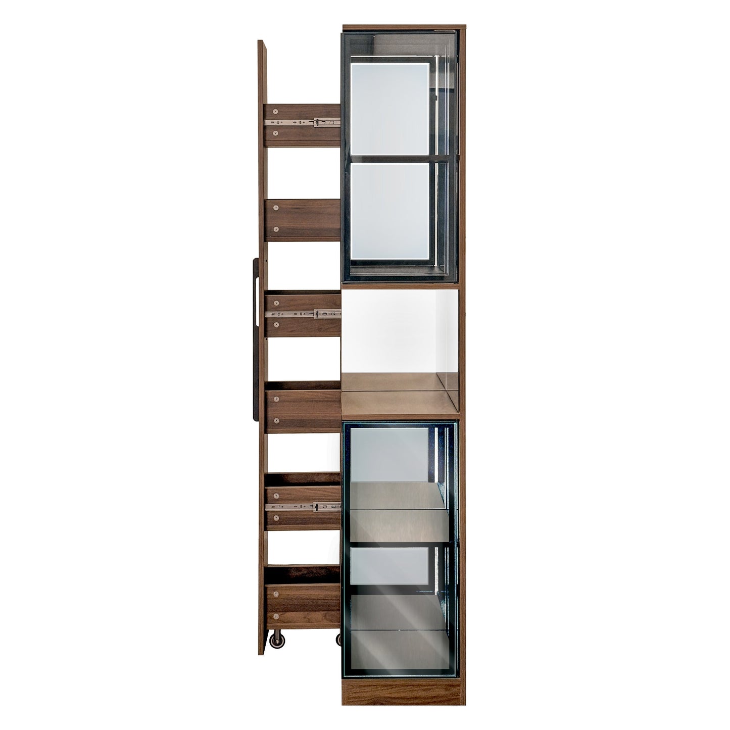 70' Display Cabinet with Glass Doors and Lights, with multi-functional pull-out multi-tier storage shelf , Wooden Display Storage Cabinets